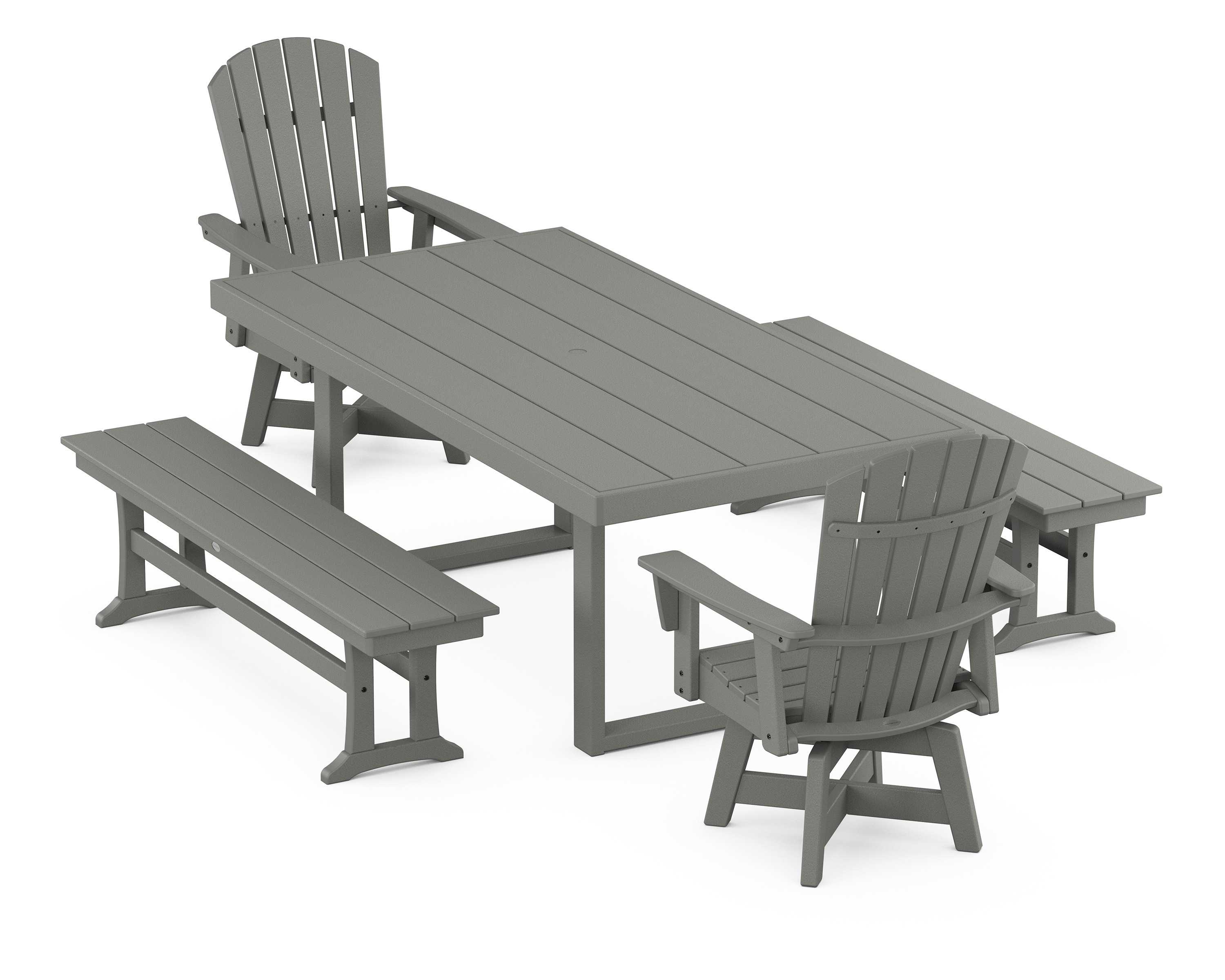 POLYWOOD Nautical Curveback Adirondack Swivel Chair 5-Piece Dining Set with Benches