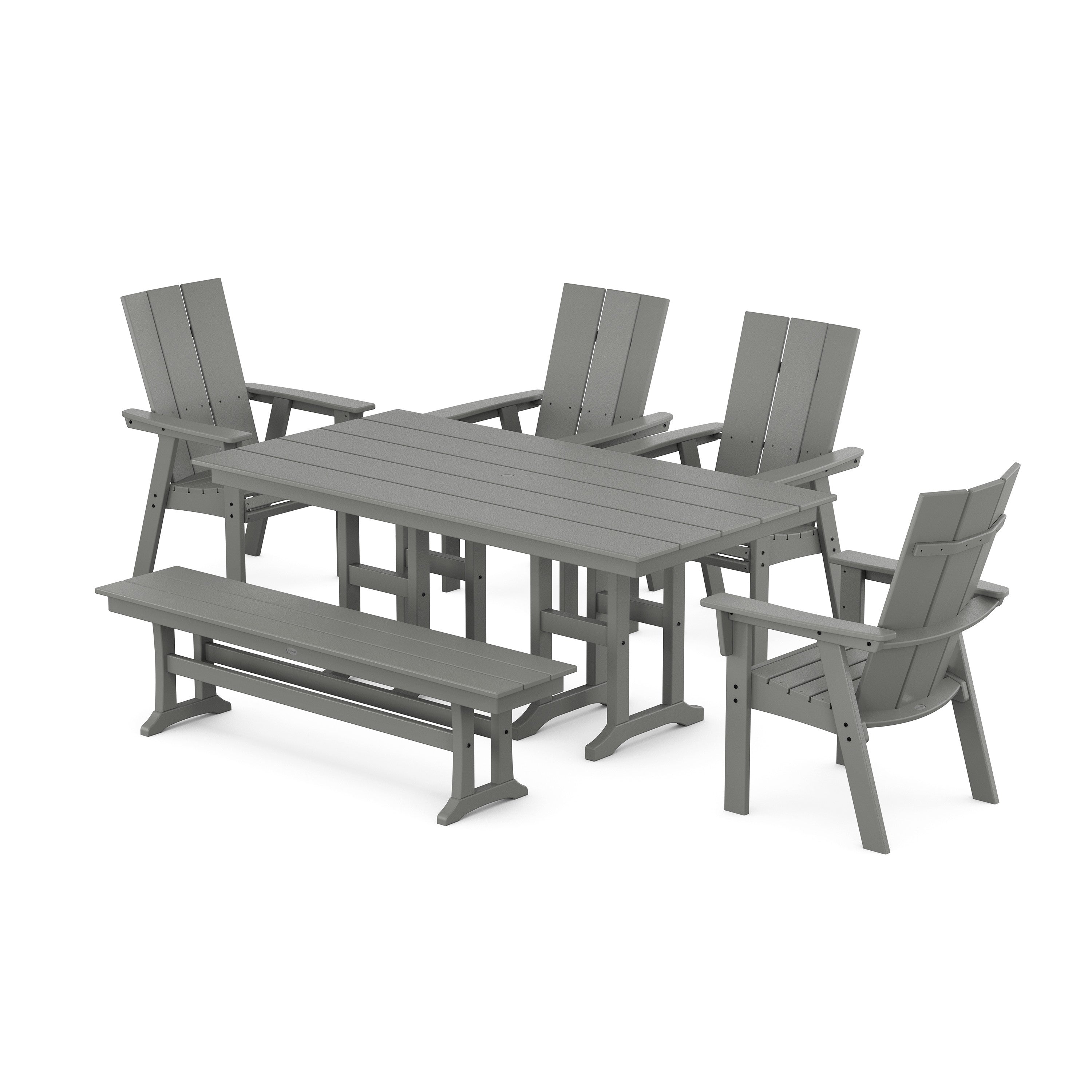 POLYWOOD® Modern Curveback Adirondack 6-Piece Farmhouse Dining Set with Bench