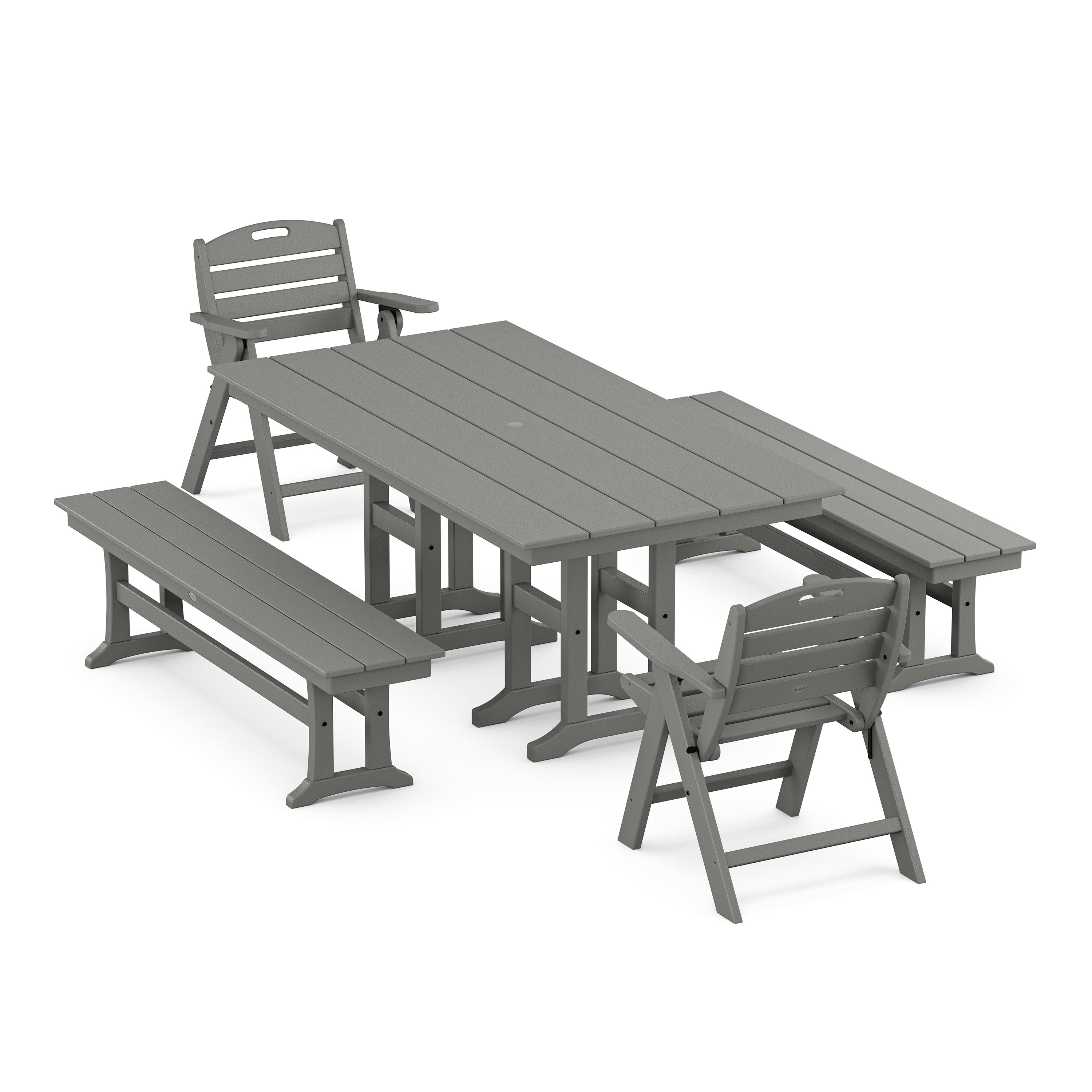 POLYWOOD® Nautical Lowback 5-Piece Farmhouse Dining Set with Benches