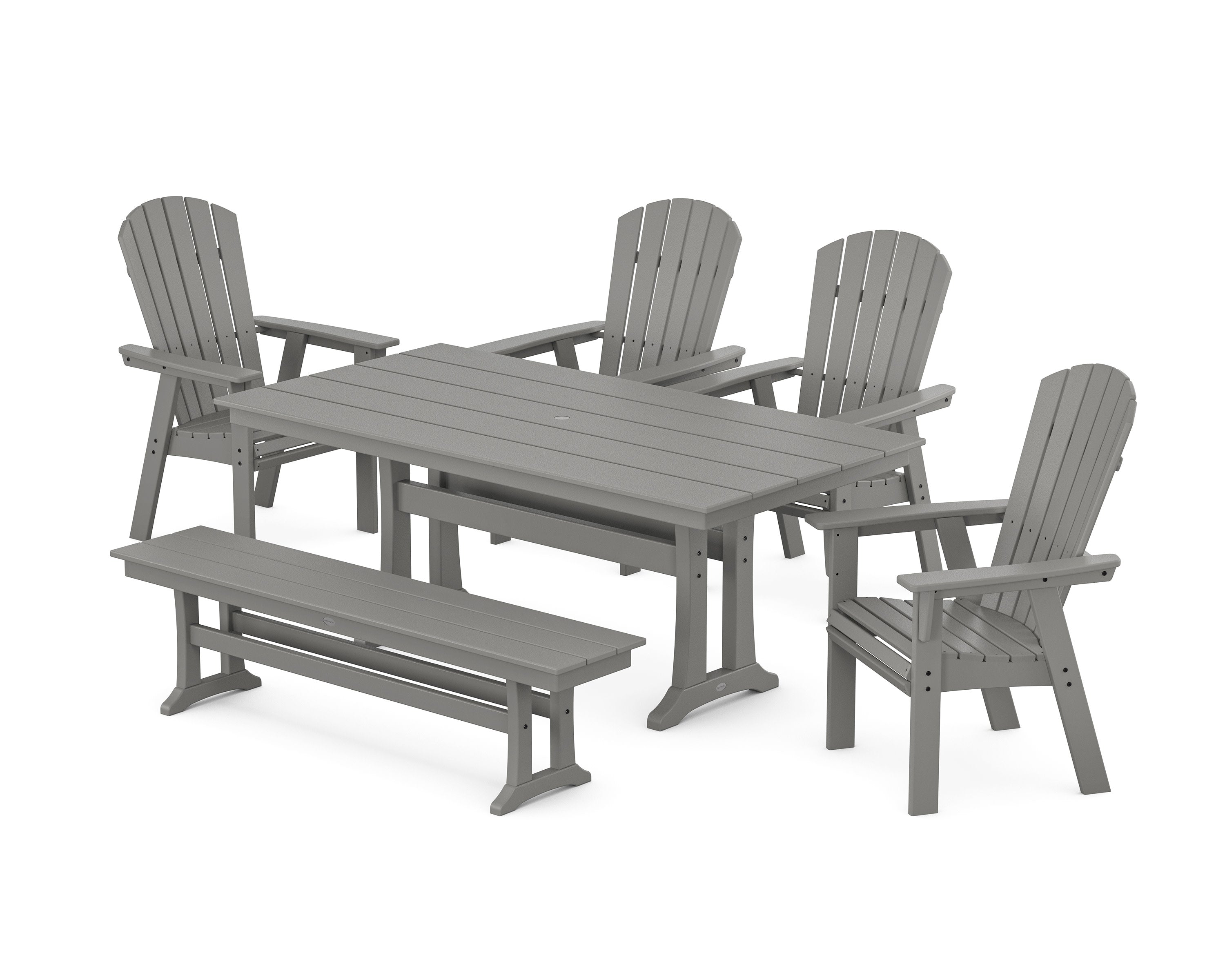 POLYWOOD® Nautical Curveback Adirondack 6-Piece Farmhouse Dining Set with Trestle Legs and Bench