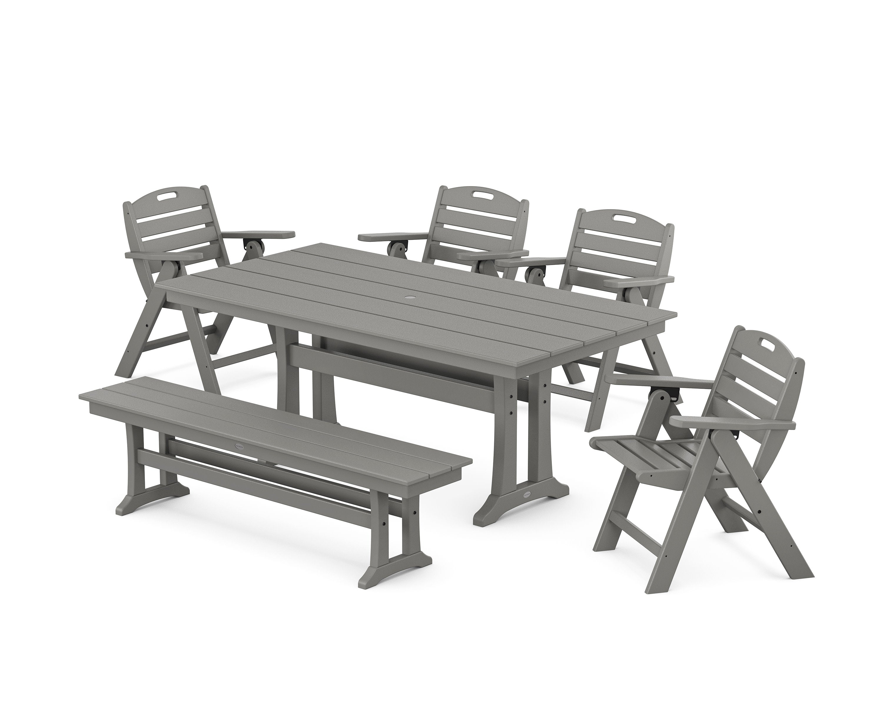 POLYWOOD® Nautical Lowback 6-Piece Farmhouse Dining Set with Trestle Legs and Bench