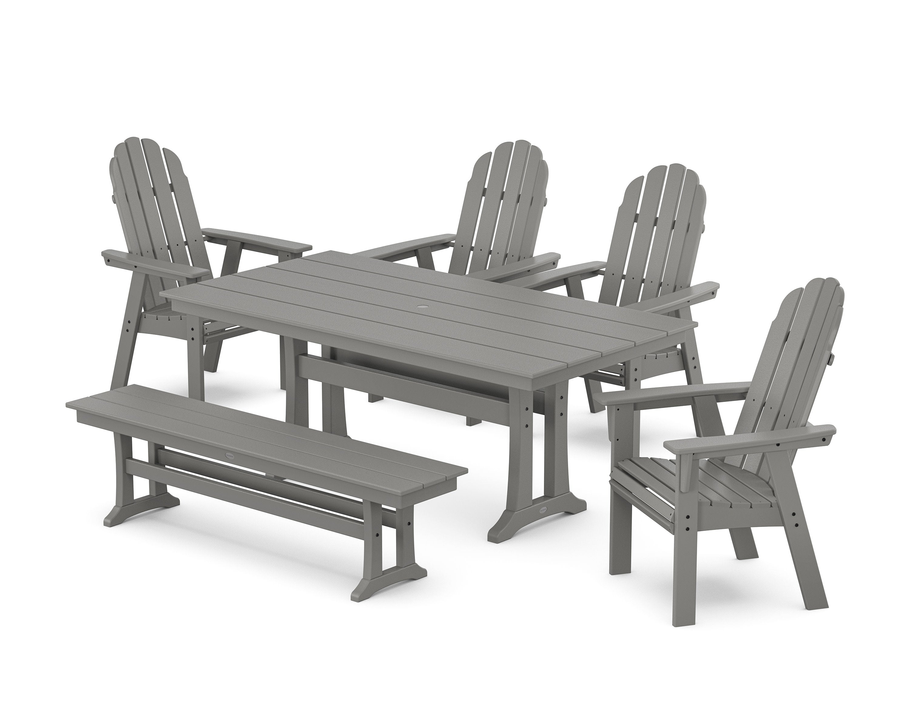 POLYWOOD® Vineyard Curveback Adirondack Chair 6-Piece Farmhouse Dining Set with Trestle Legs and Bench