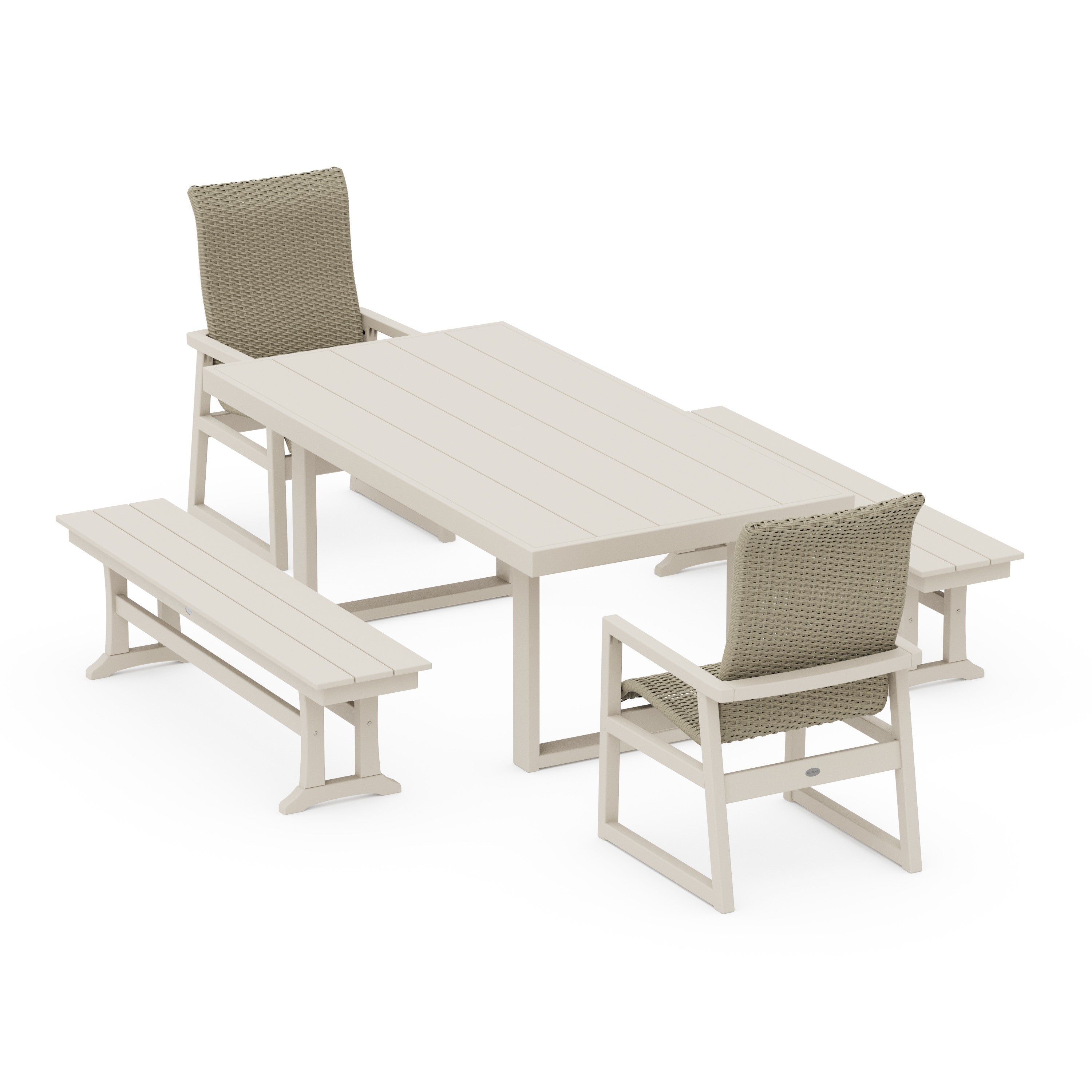 POLYWOOD® EDGE Woven Highback 5-Piece Dining Set with Benches