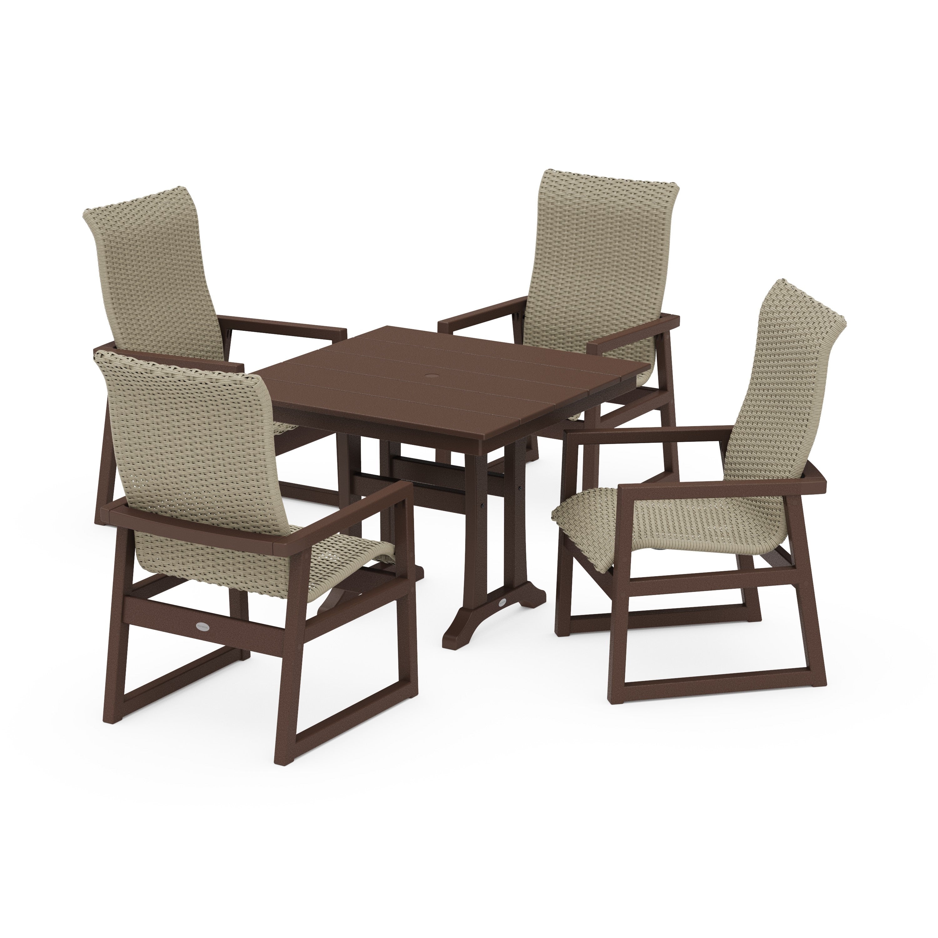 POLYWOOD® EDGE Woven Highback 5-Piece Farmhouse Dining Set with Trestle Legs