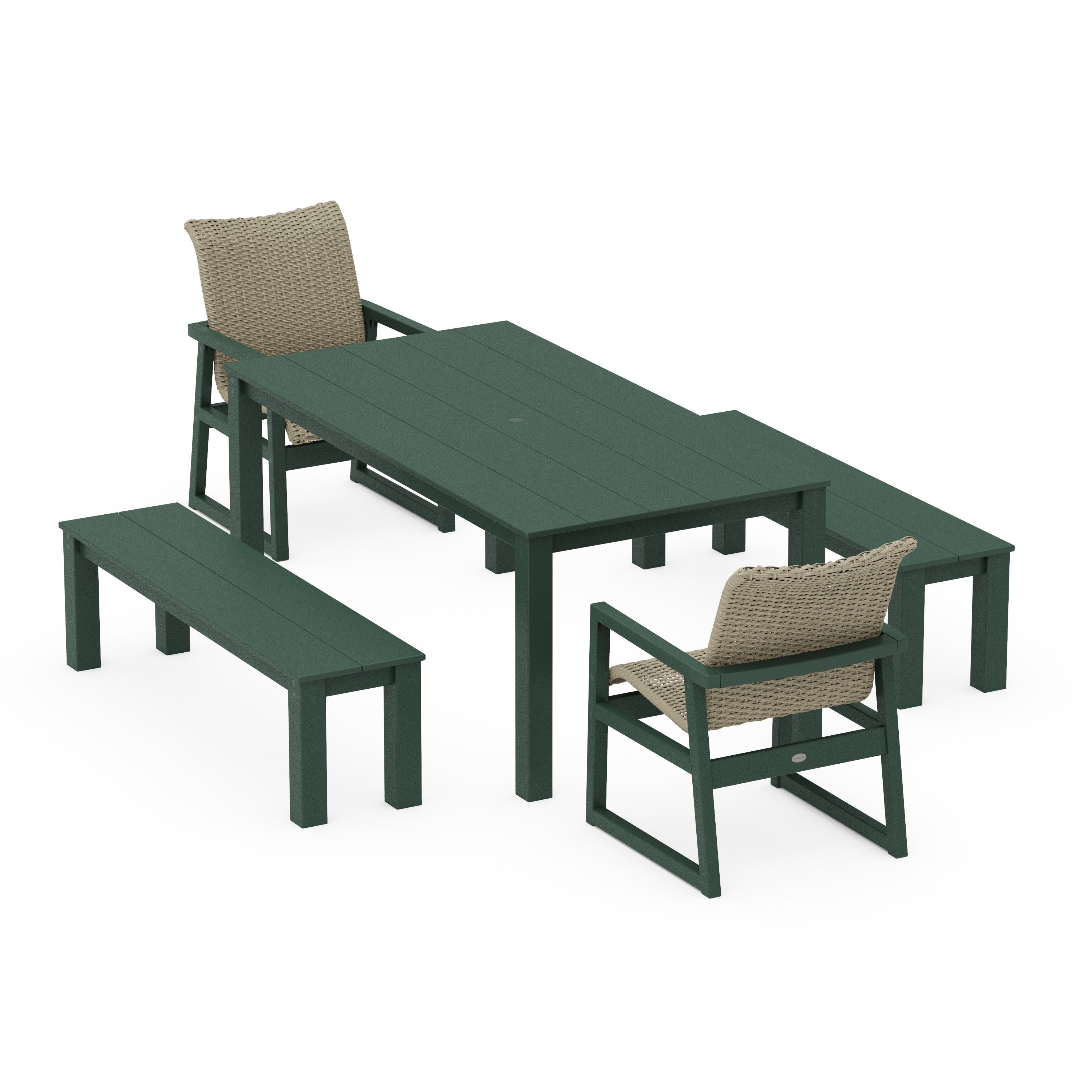 POLYWOOD® EDGE Woven 5-Piece Parsons Dining Set with Benches