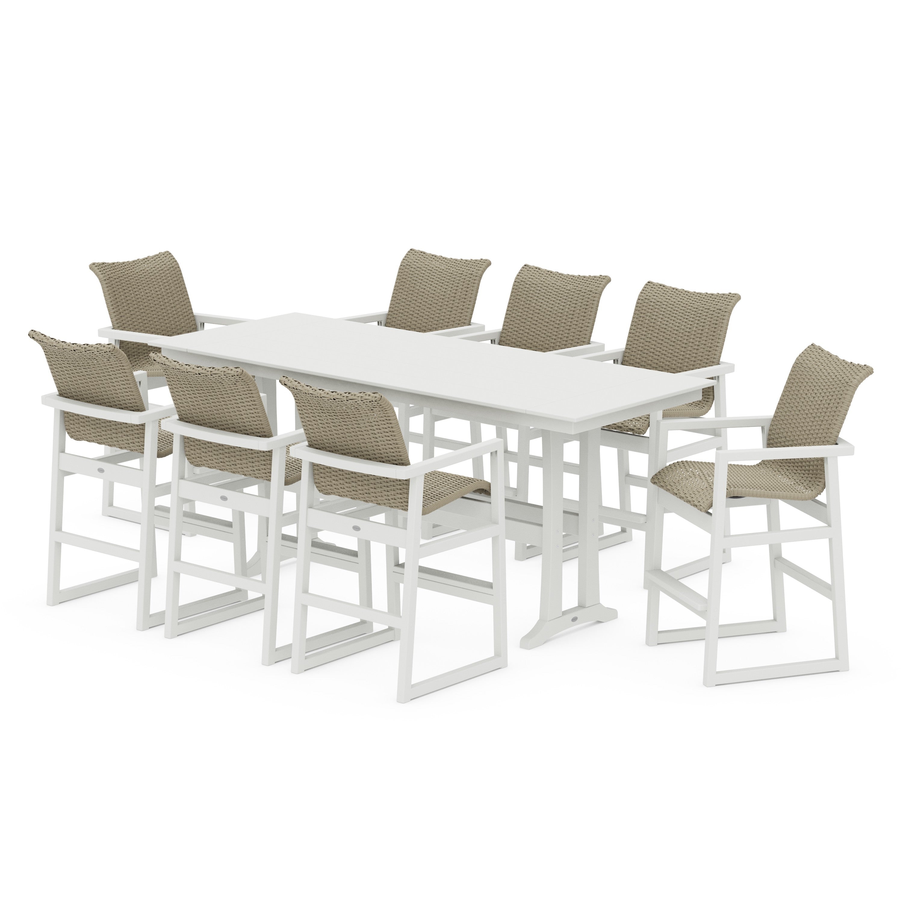 POLYWOOD® EDGE Woven 9-Piece Farmhouse Bar Set with Trestle Legs