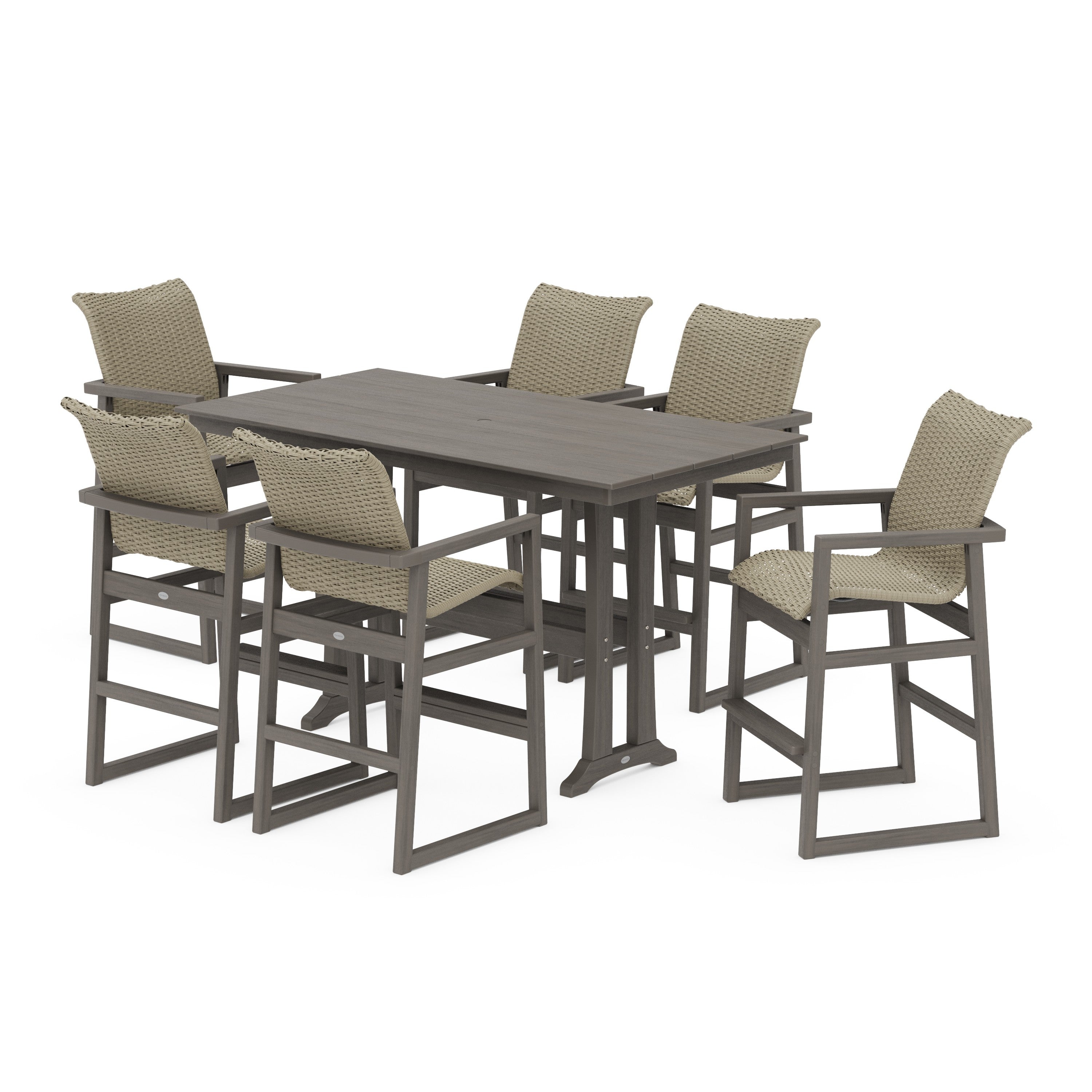 EDGE Woven Arm Chair 7-Piece Farmhouse Bar Set with Trestle Legs