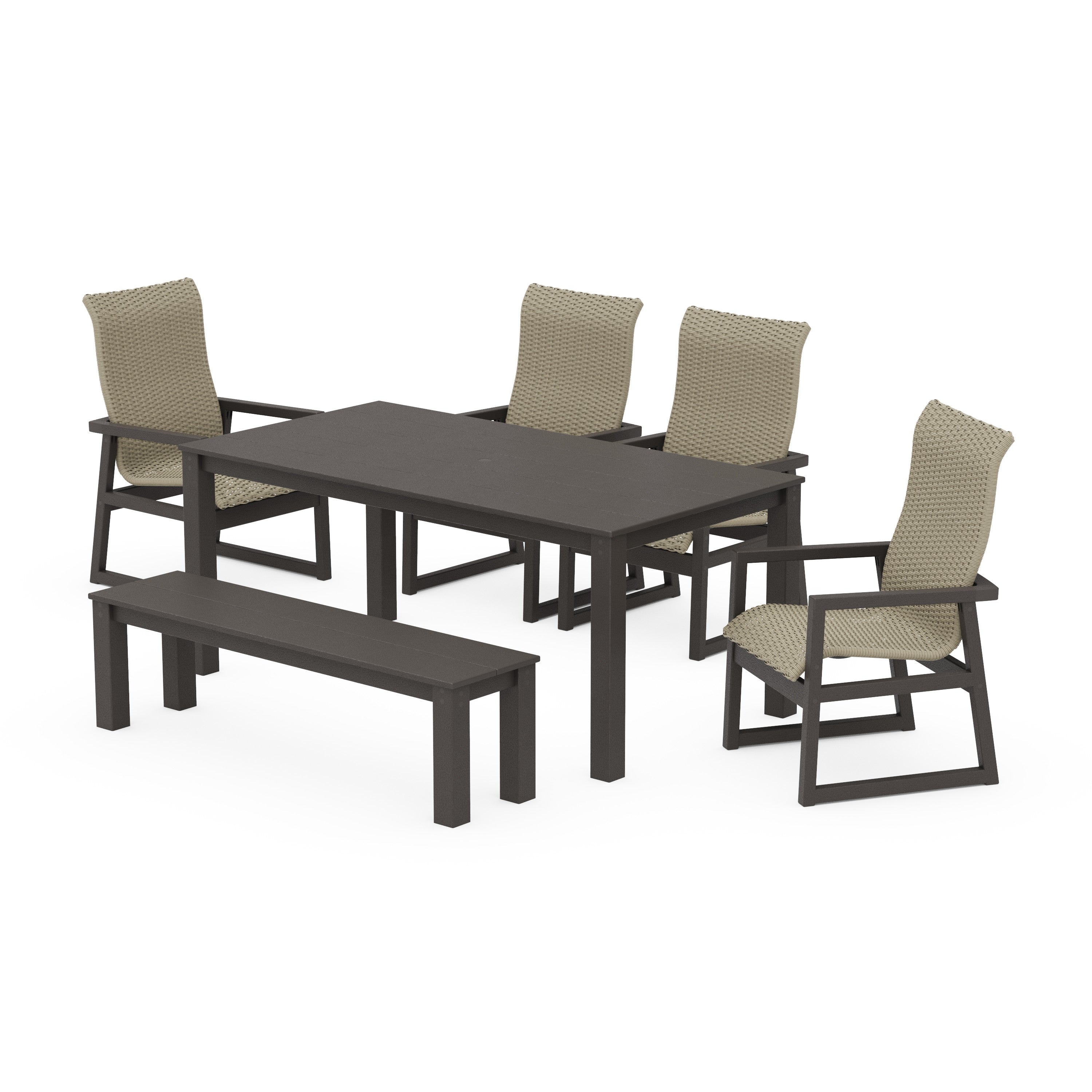 POLYWOOD® EDGE Woven Highback 6-Piece Parsons Dining Set with Bench