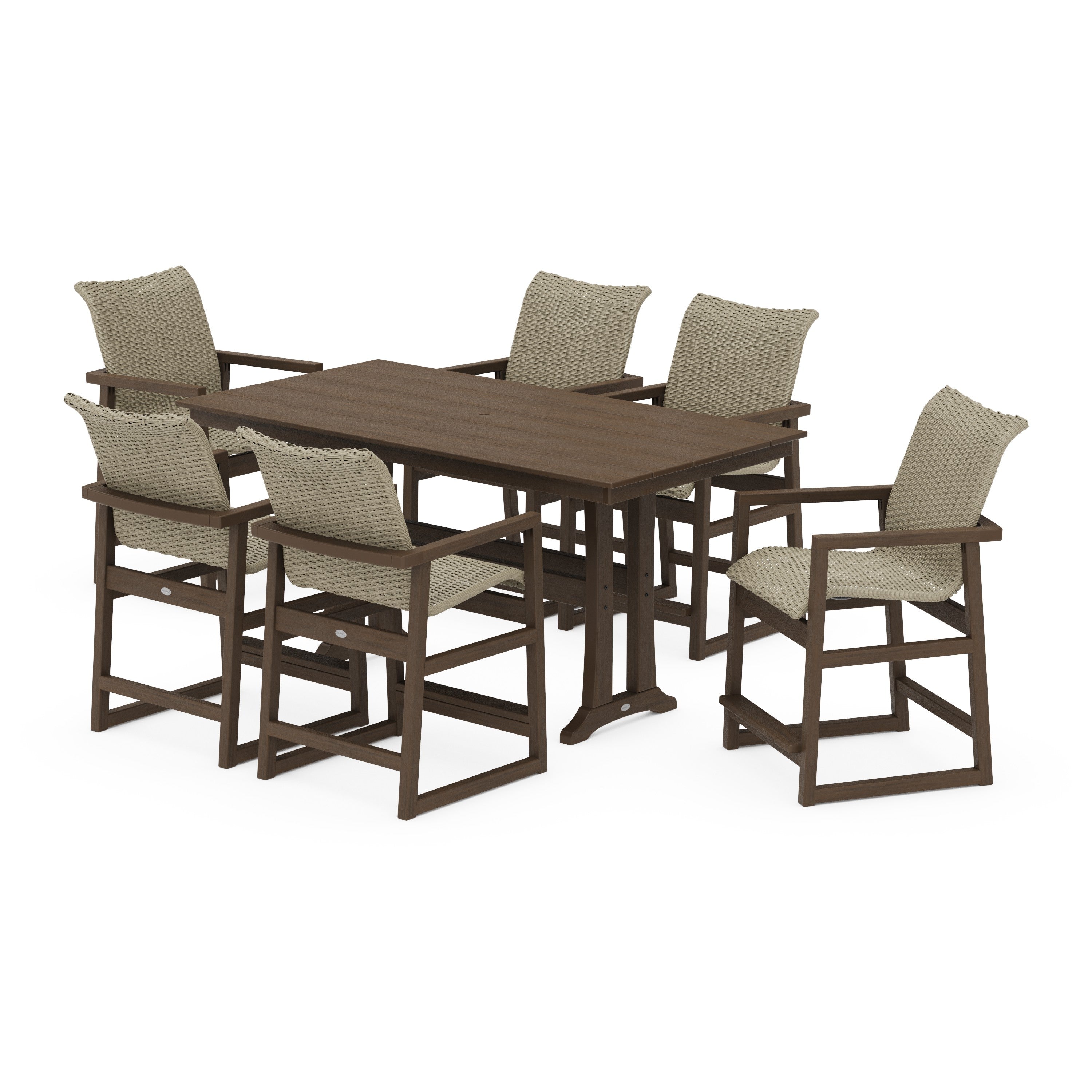 POLYWOOD® EDGE Woven Arm Chair 7-Piece Farmhouse Counter Set with Trestle Legs