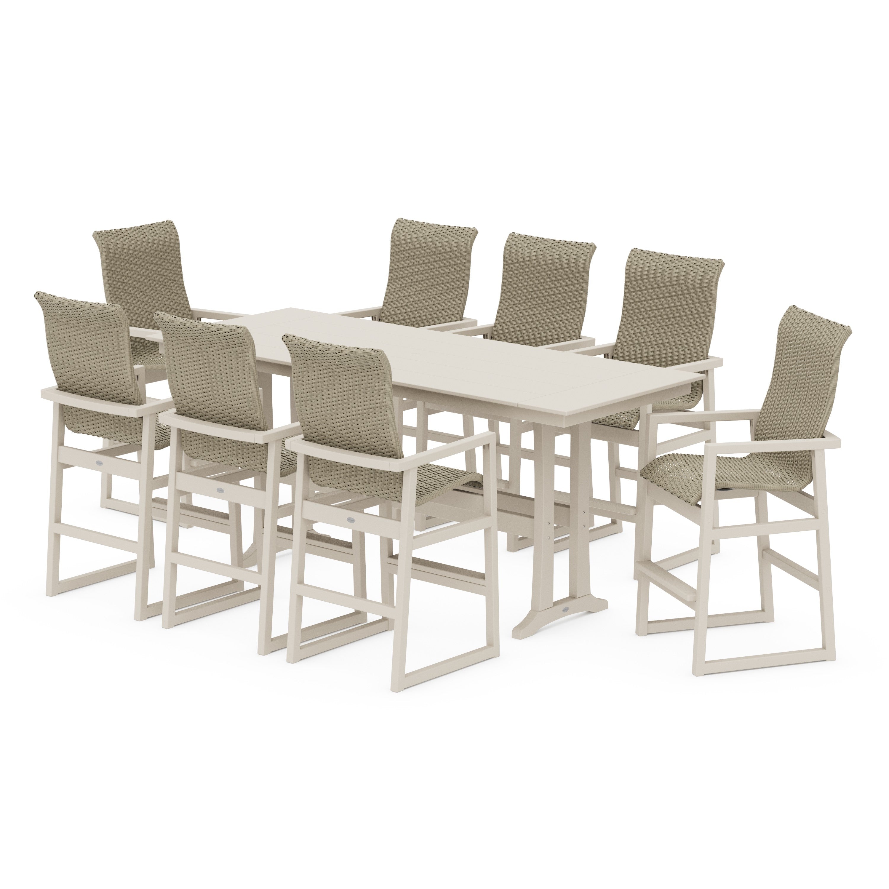 POLYWOOD® EDGE Woven Highback 9-Piece Farmhouse Bar Set with Trestle Legs