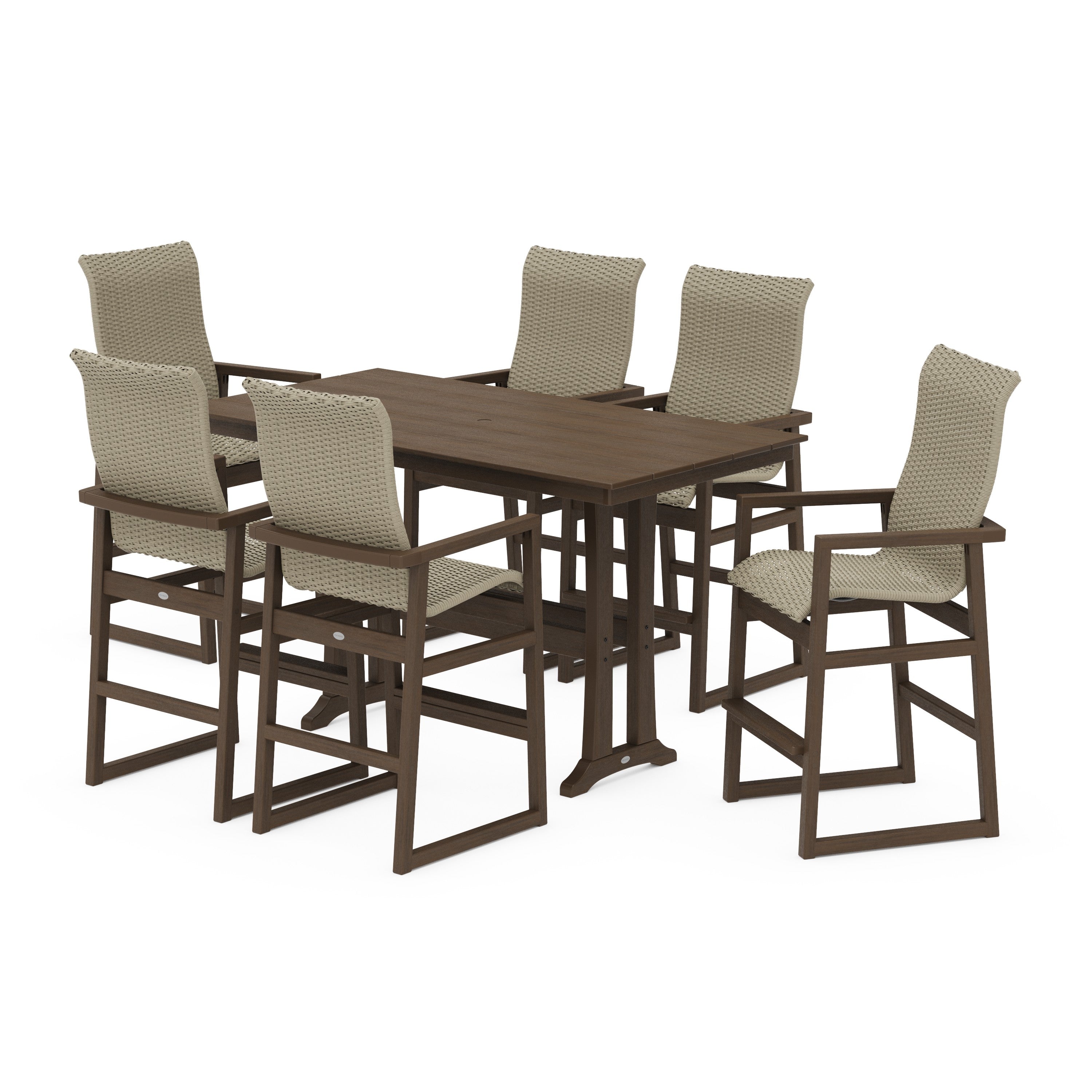 POLYWOOD® EDGE Woven Highback Arm Chair 7-Piece Farmhouse Bar Set with Trestle Legs