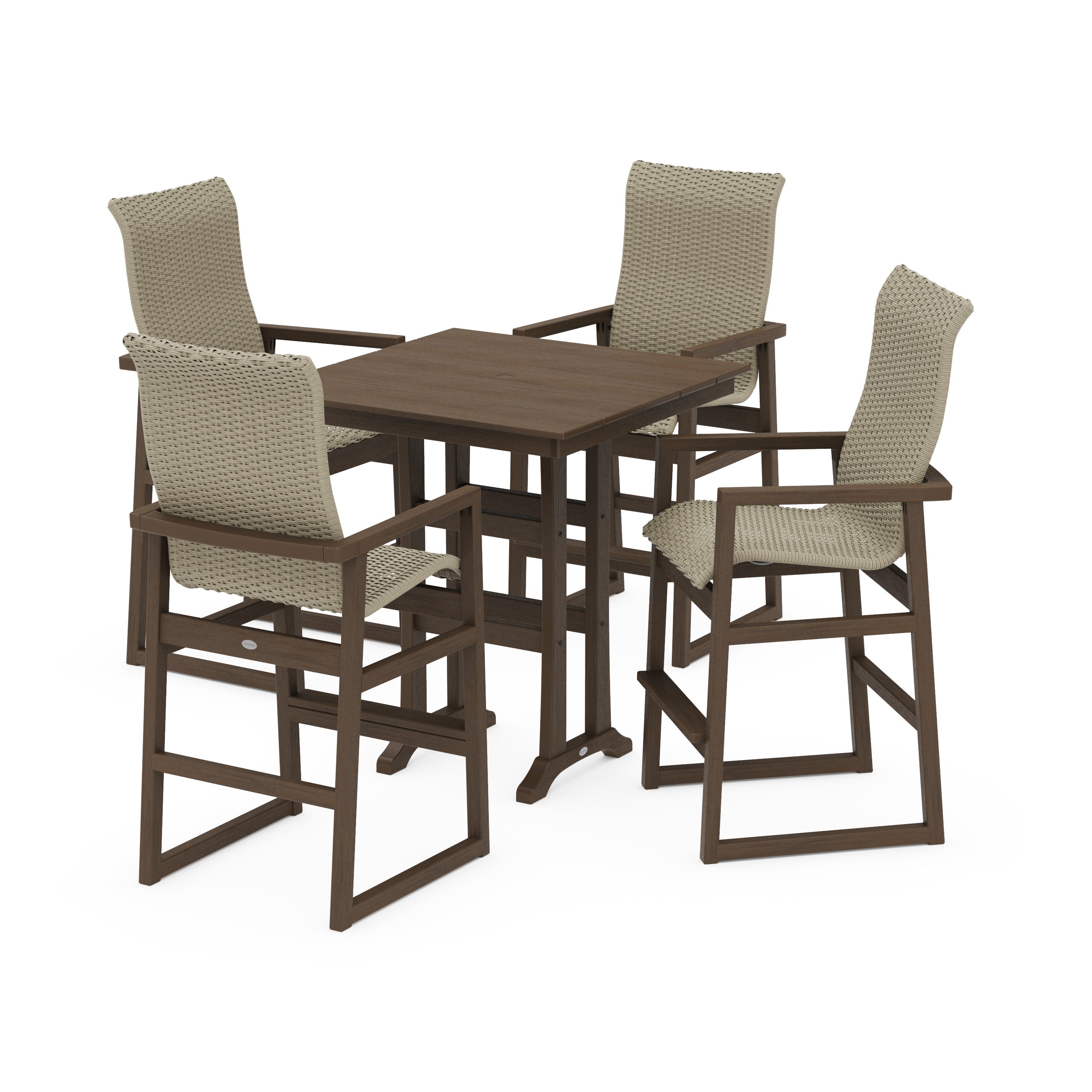 POLYWOOD® EDGE Woven Highback 5-Piece Farmhouse Bar Set with Trestle Legs