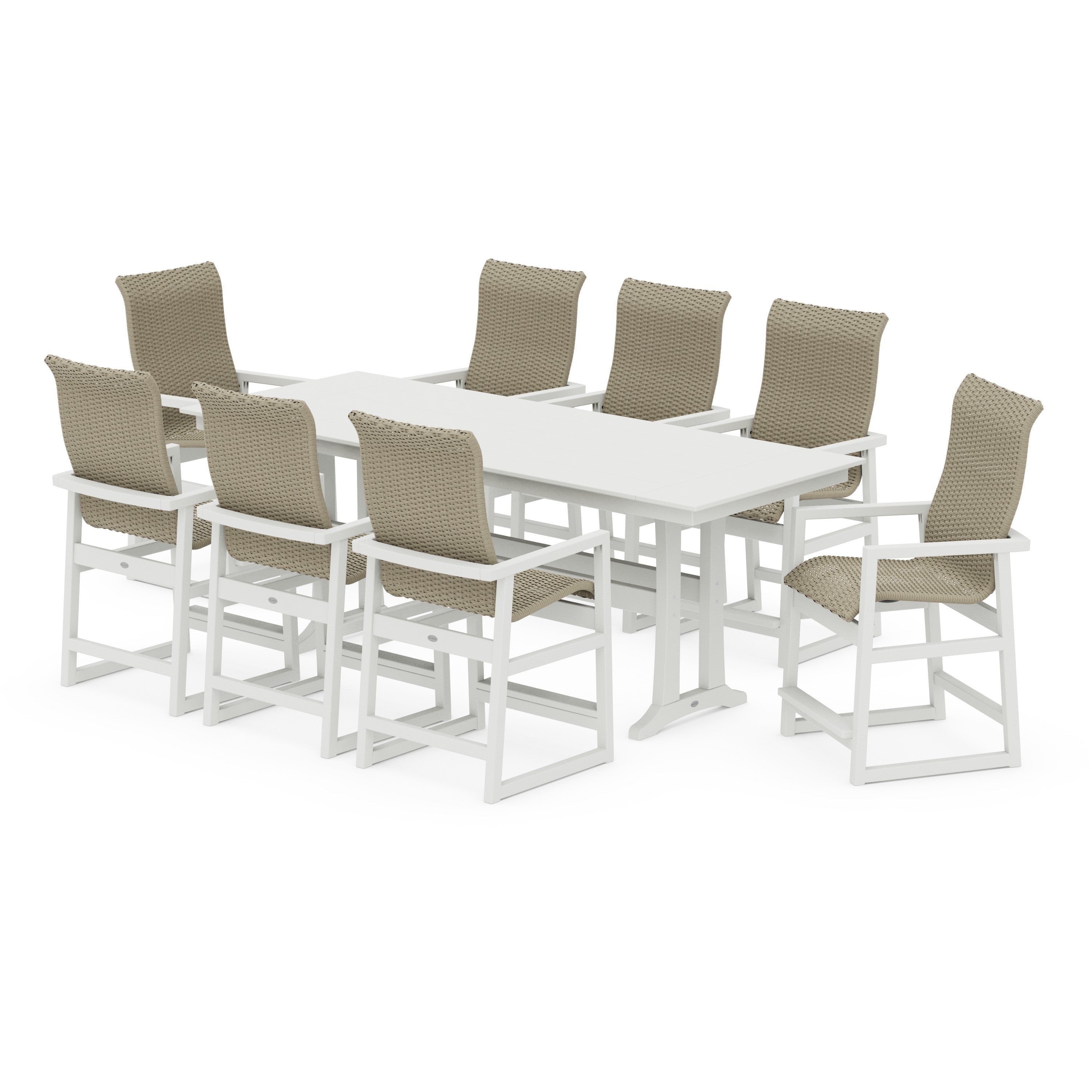 POLYWOOD® EDGE Woven Highback 9-Piece Farmhouse Counter Set with Trestle Legs