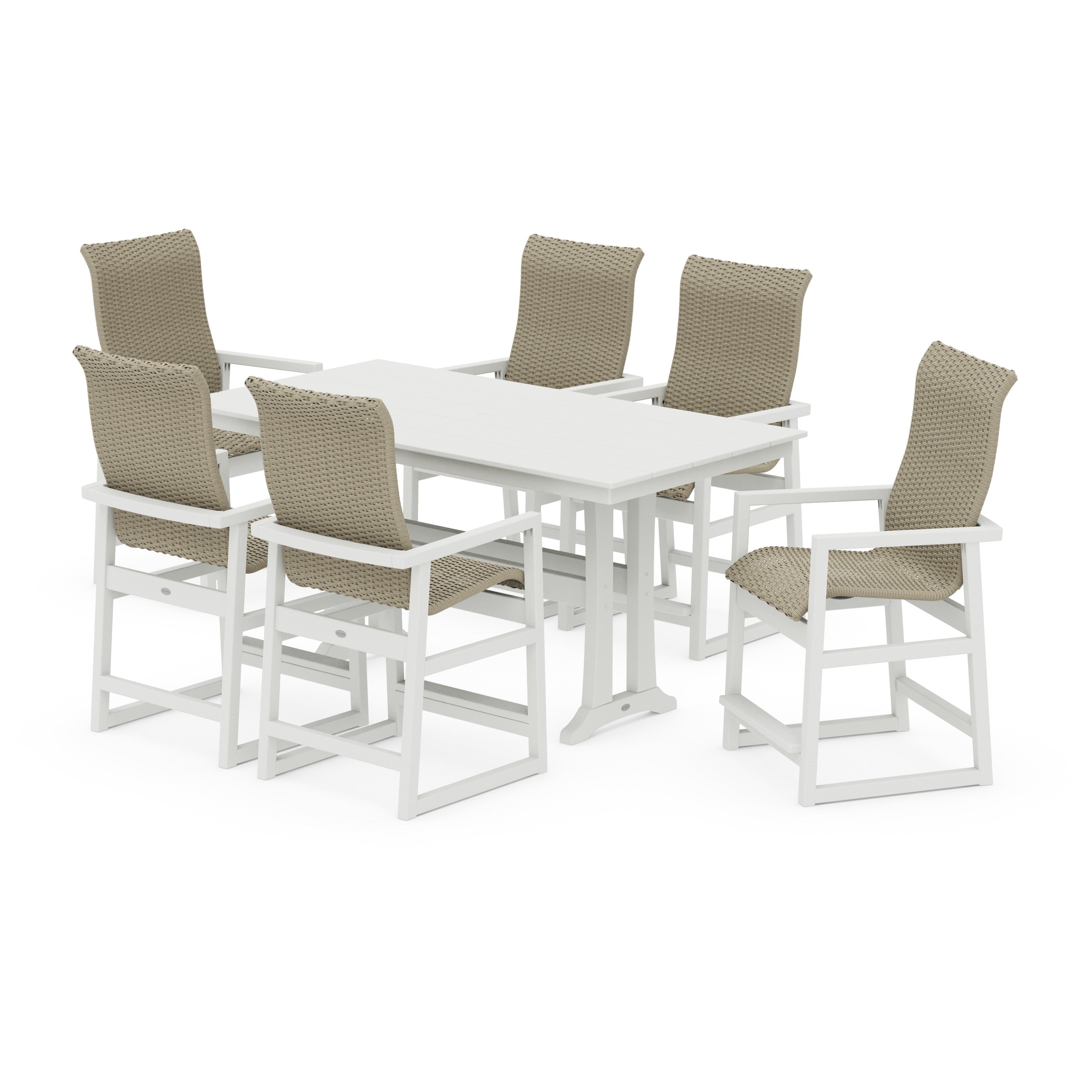 POLYWOOD® EDGE Woven Highback Arm Chair 7-Piece Farmhouse Counter Set with Trestle Legs
