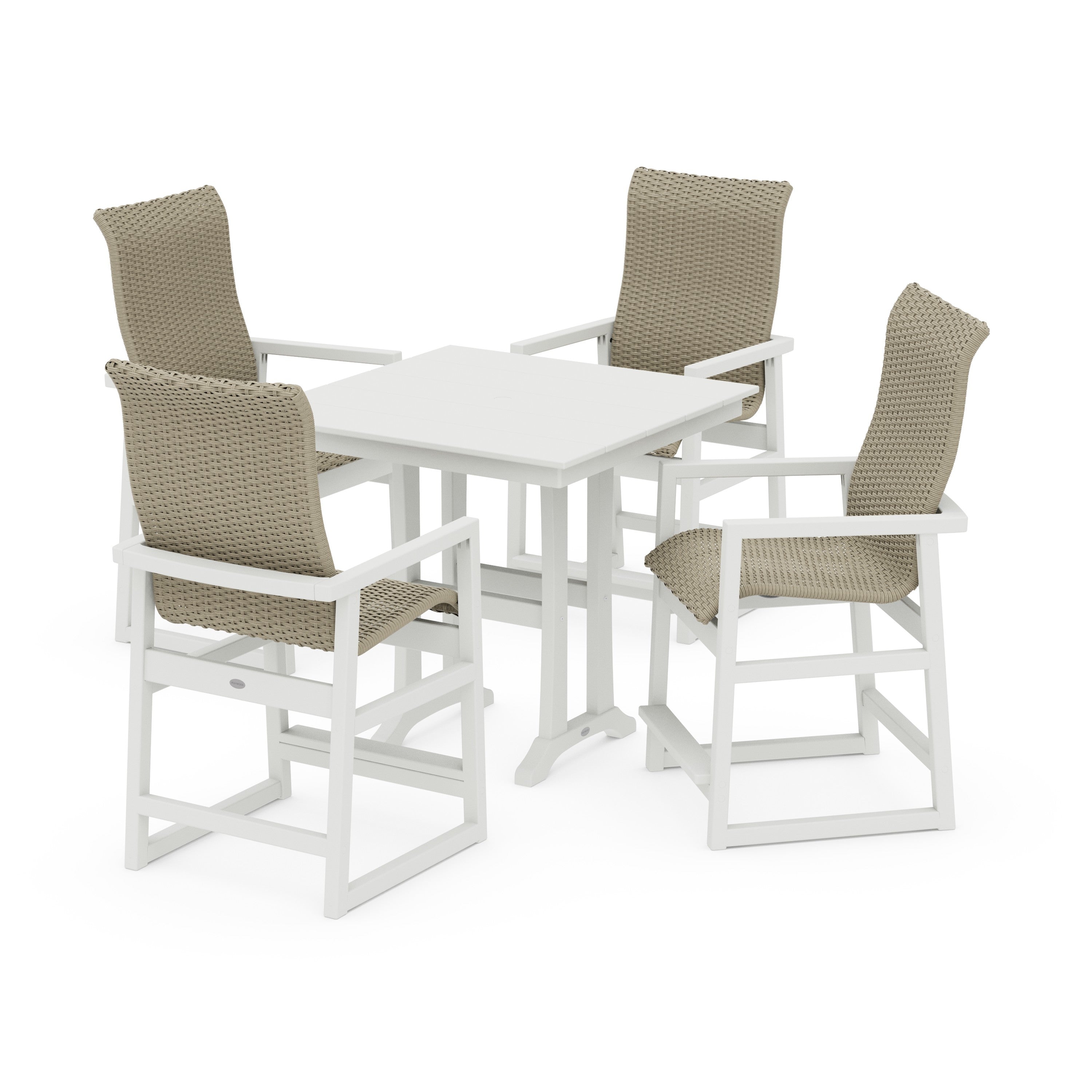 POLYWOOD® EDGE Woven Highback 5-Piece Farmhouse Counter Set with Trestle Legs