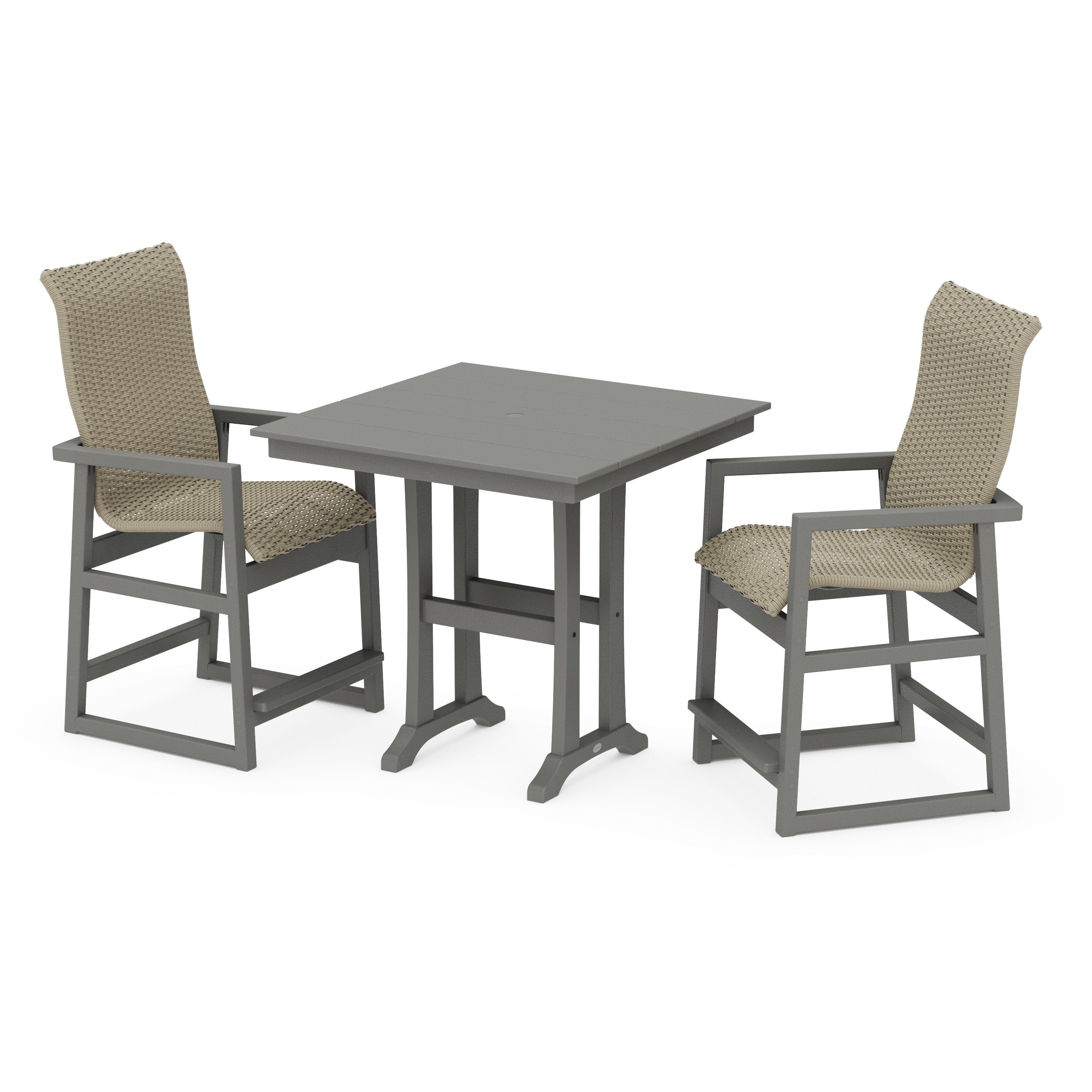 POLYWOOD® EDGE Woven Highback 3-Piece Farmhouse Counter Set with Trestle Legs