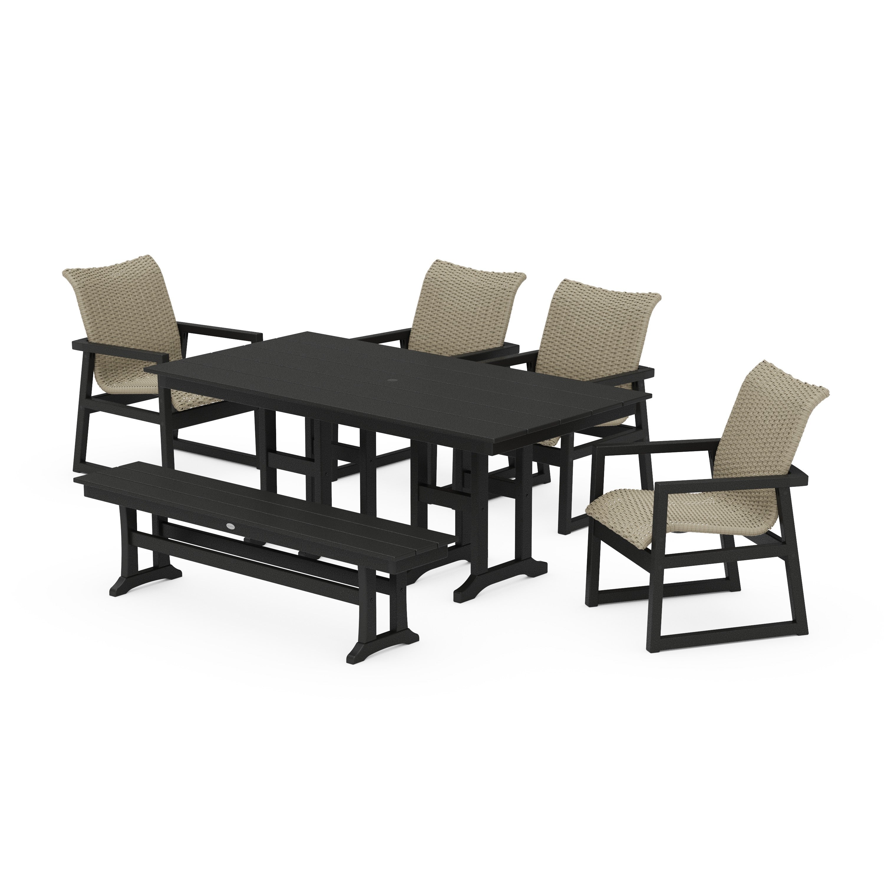 POLYWOOD® EDGE Woven 6-Piece Farmhouse Dining Set with Bench