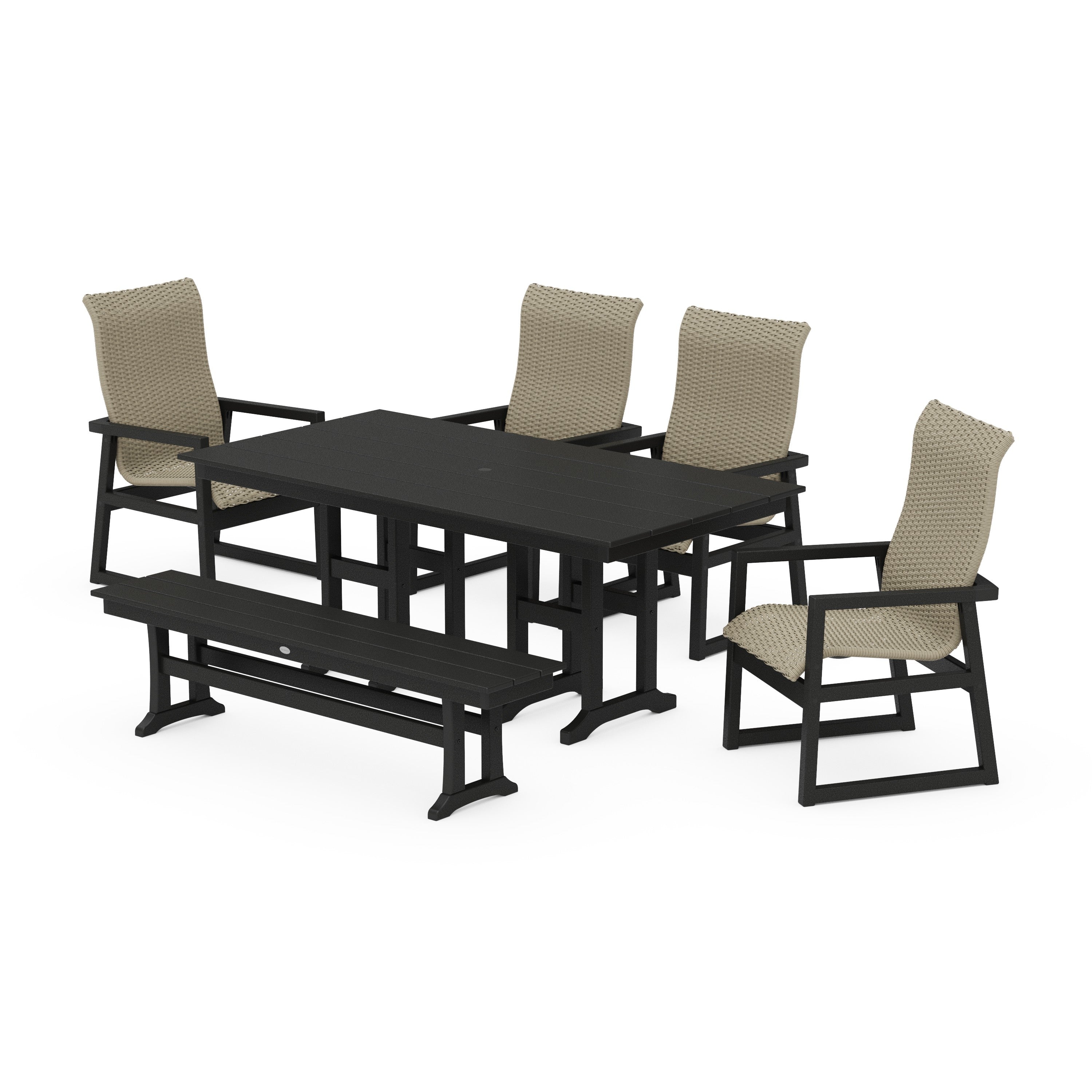 POLYWOOD® EDGE Woven Highback 6-Piece Farmhouse Dining Set with Bench