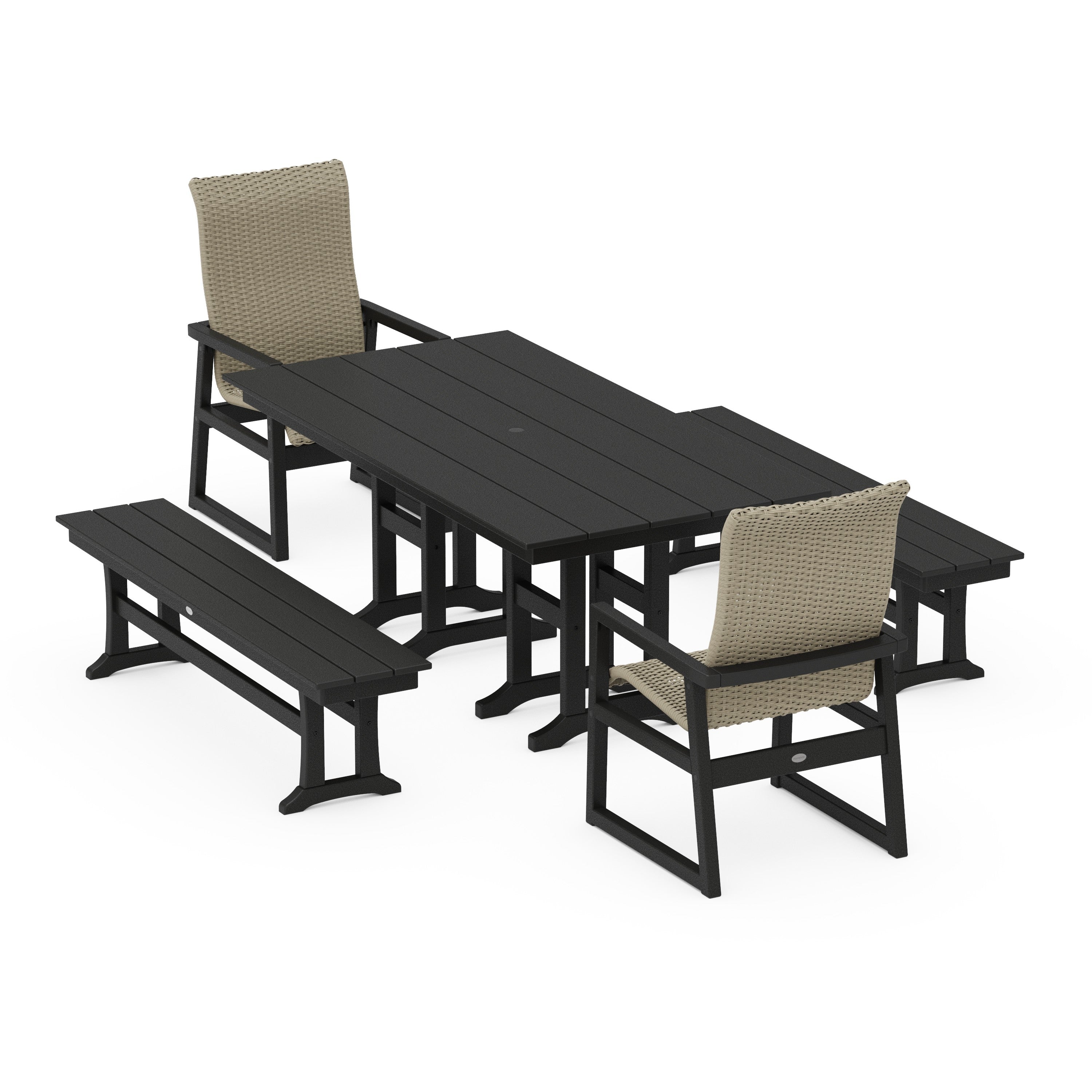 POLYWOOD® EDGE Woven Highback 5-Piece Farmhouse Dining Set with Benches