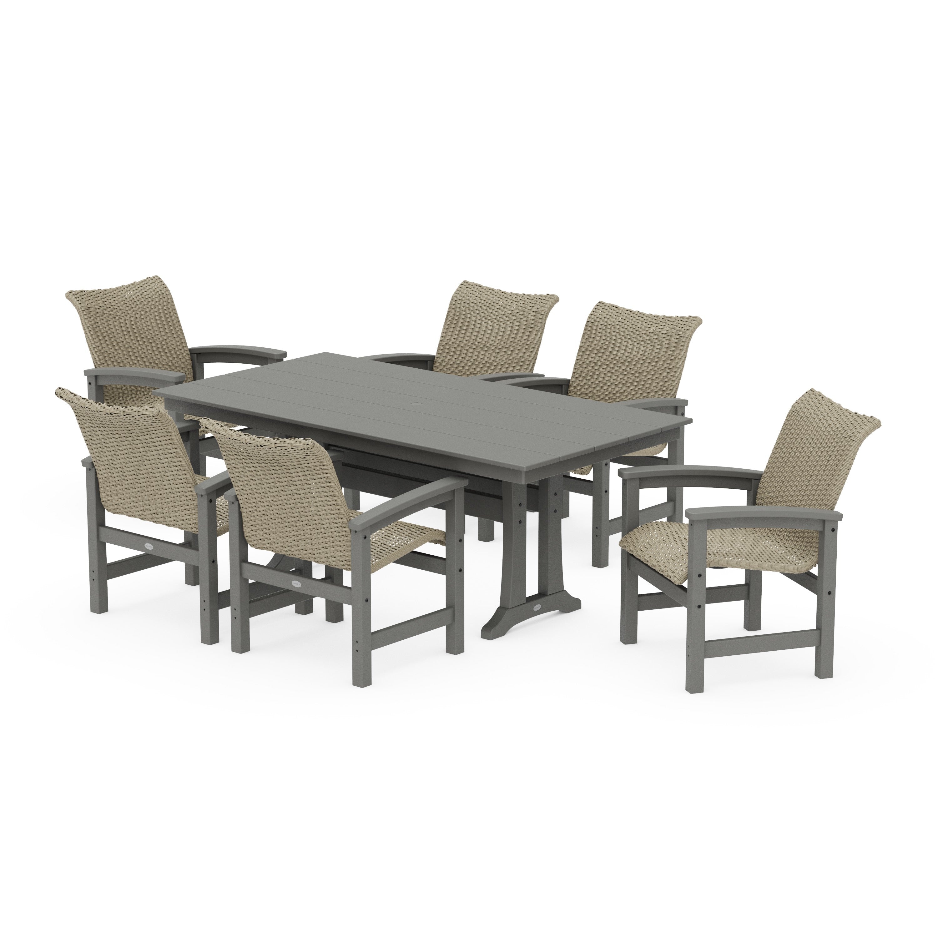 POLYWOOD® Coastal Woven Arm Chair 7-Piece Farmhouse Dining Set with Trestle Legs