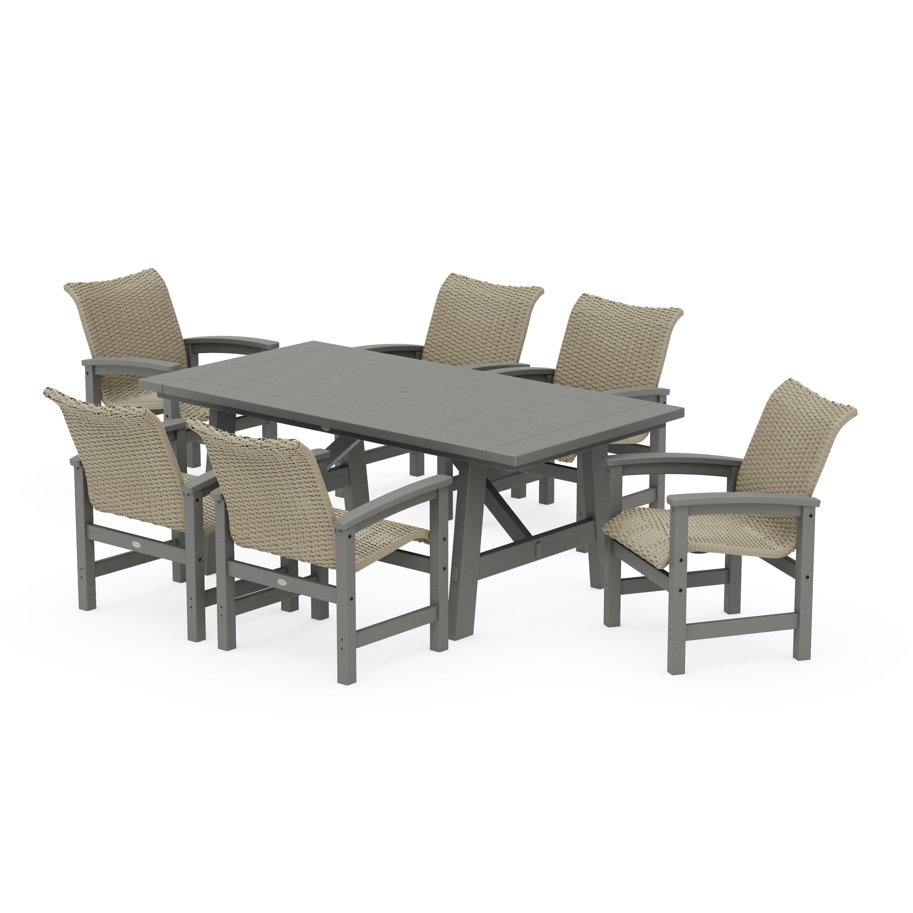 POLYWOOD® Coastal Woven Arm Chair 7-Piece Rustic Farmhouse Dining Set
