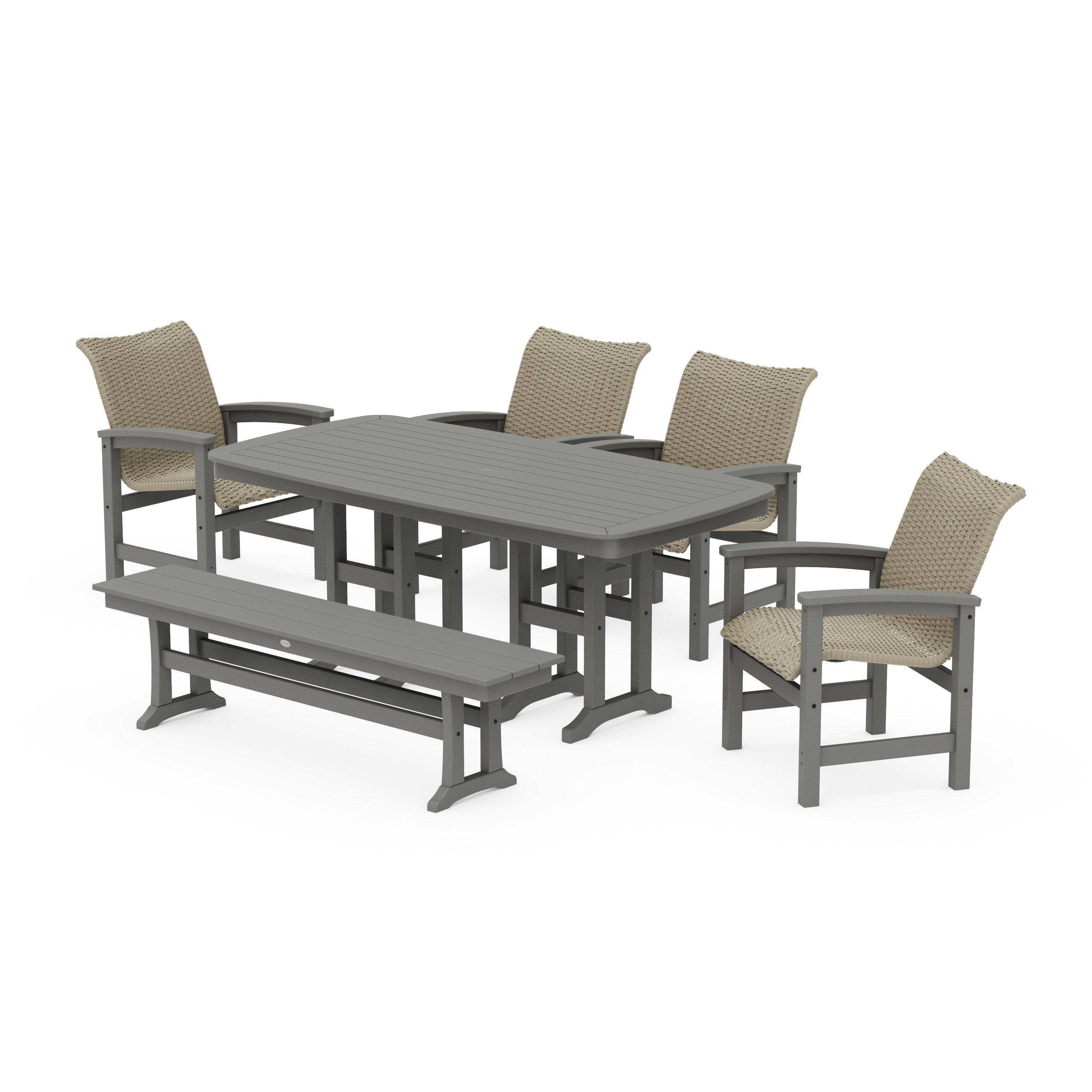 POLYWOOD® Coastal Woven 6-Piece Farmhouse Dining Set with Bench