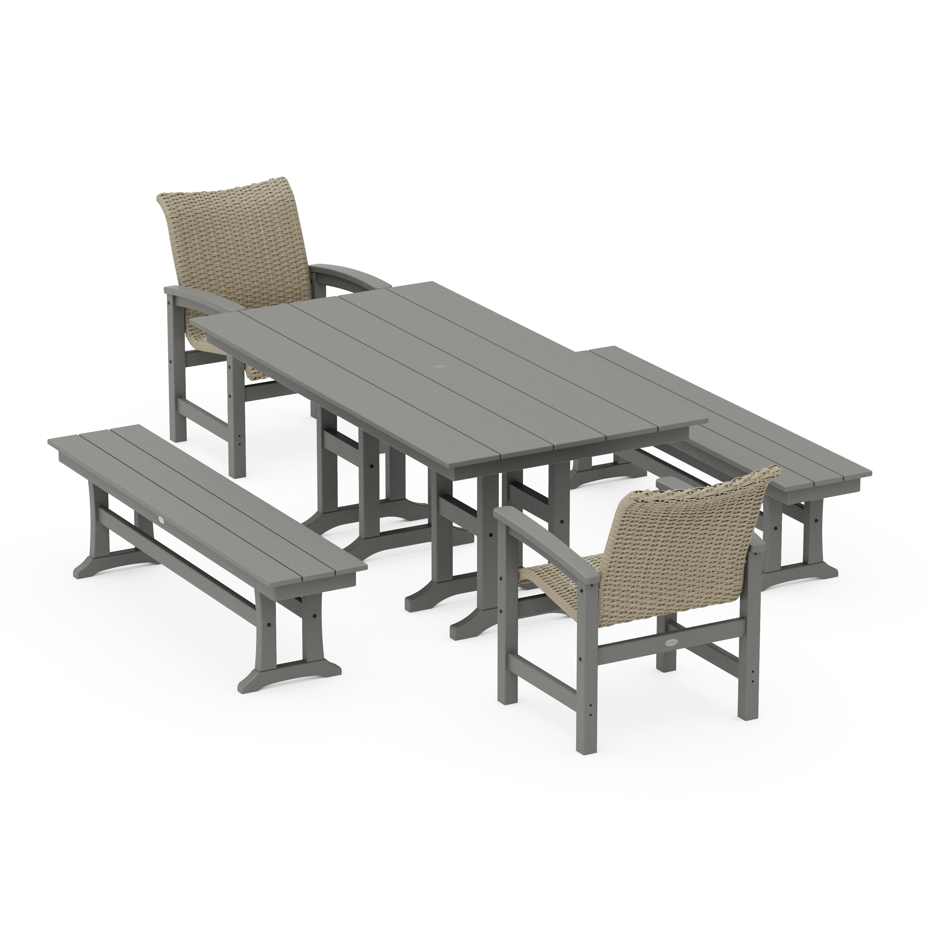 POLYWOOD® Coastal Woven 5-Piece Farmhouse Dining Set with Benches