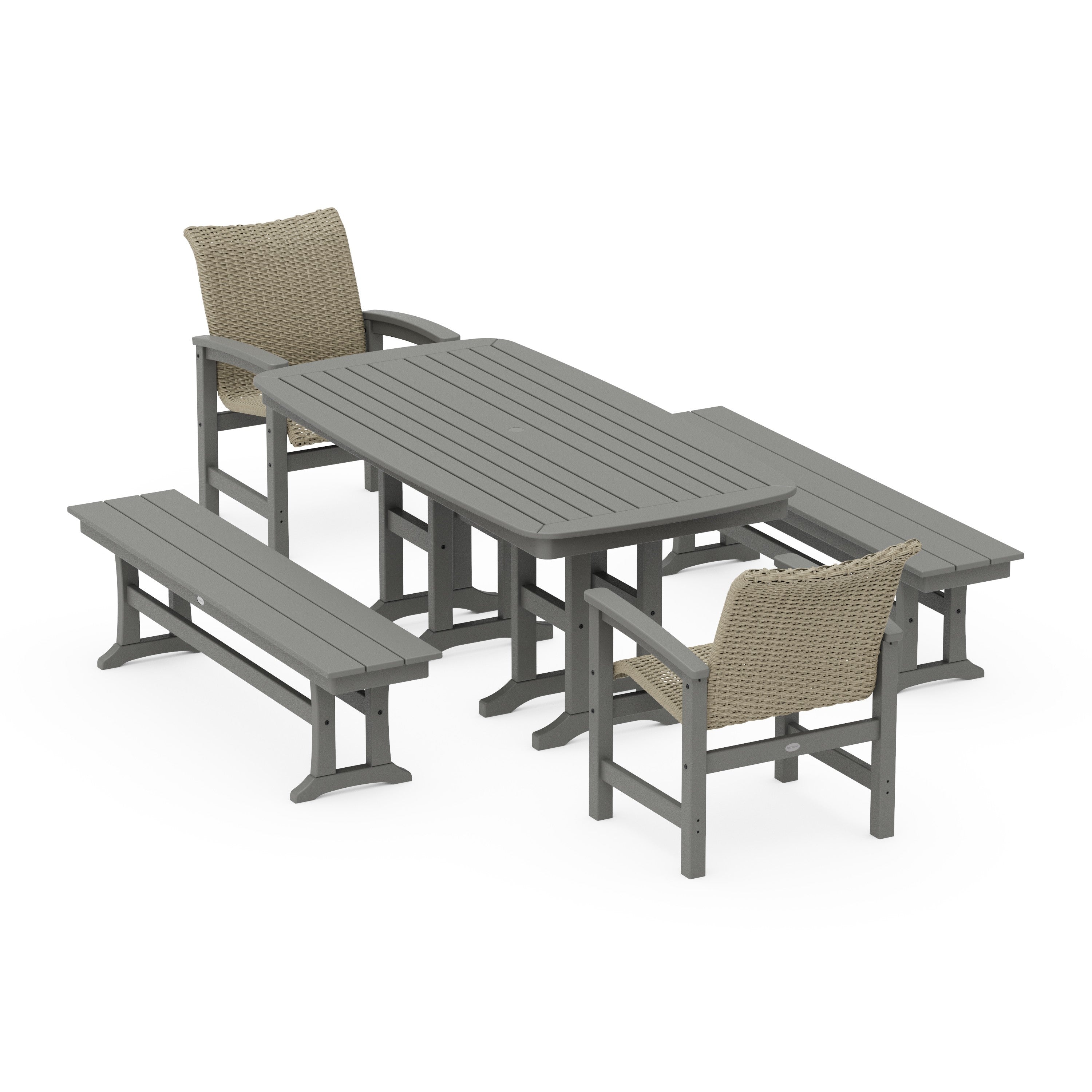 POLYWOOD® Coastal Woven 5-Piece Dining Set with Benches