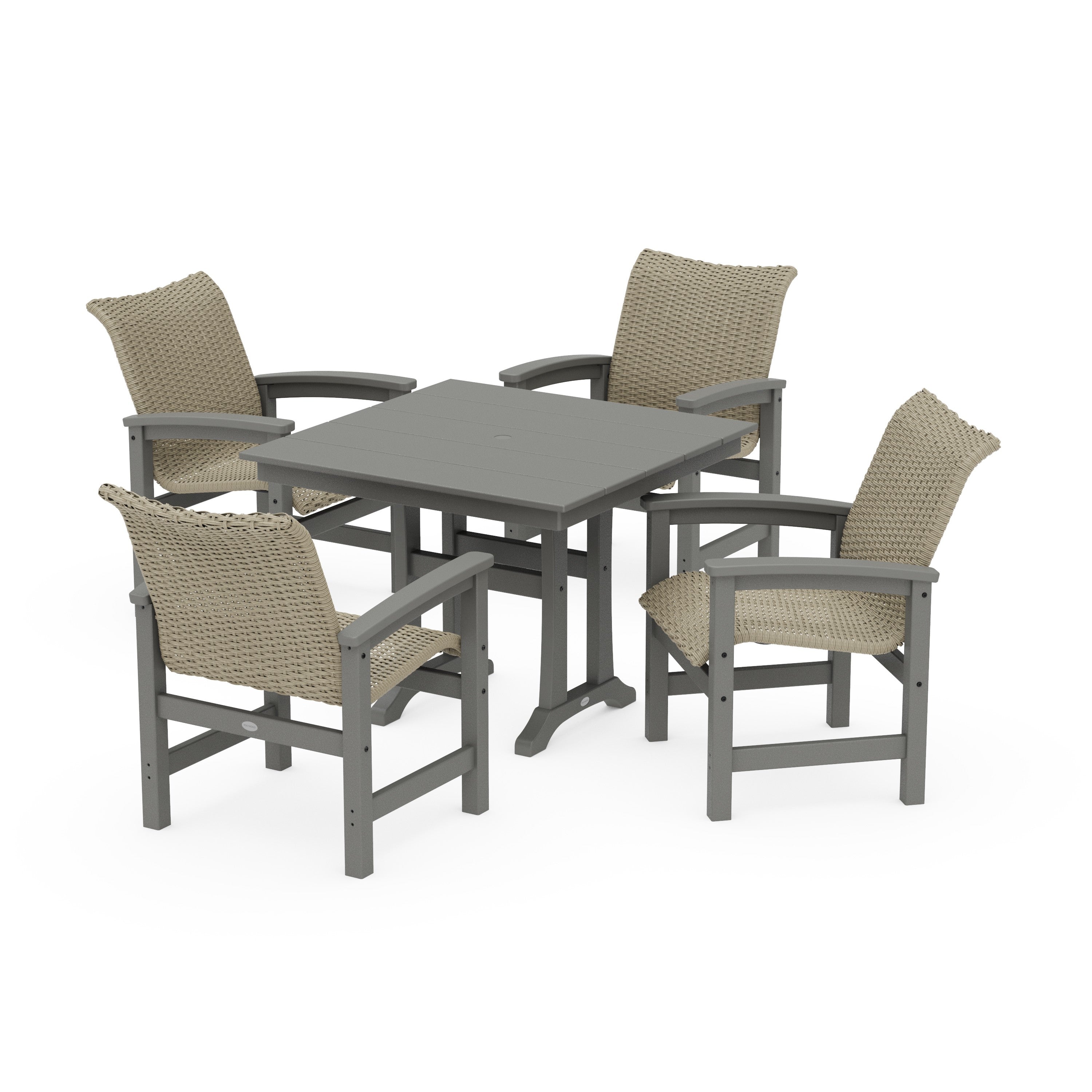 POLYWOOD® Coastal Woven 5-Piece Farmhouse Dining Set with Trestle Legs