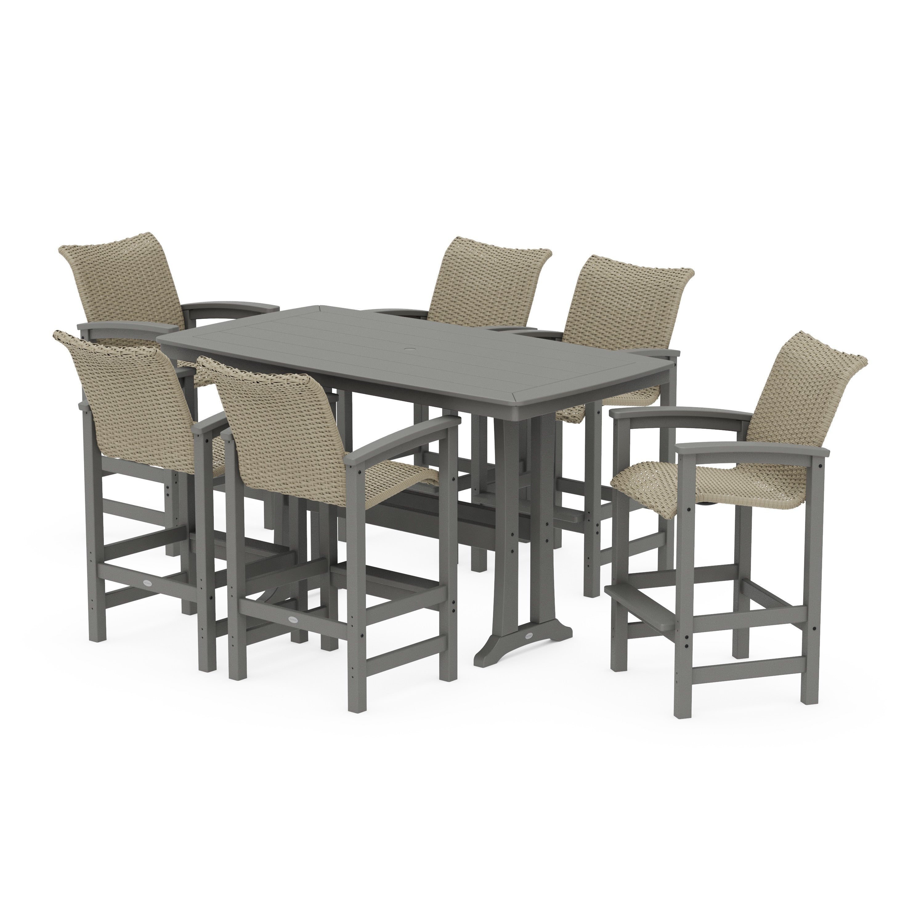 POLYWOOD® Coastal Woven Arm Chair 7-Piece Bar Set with Trestle Legs