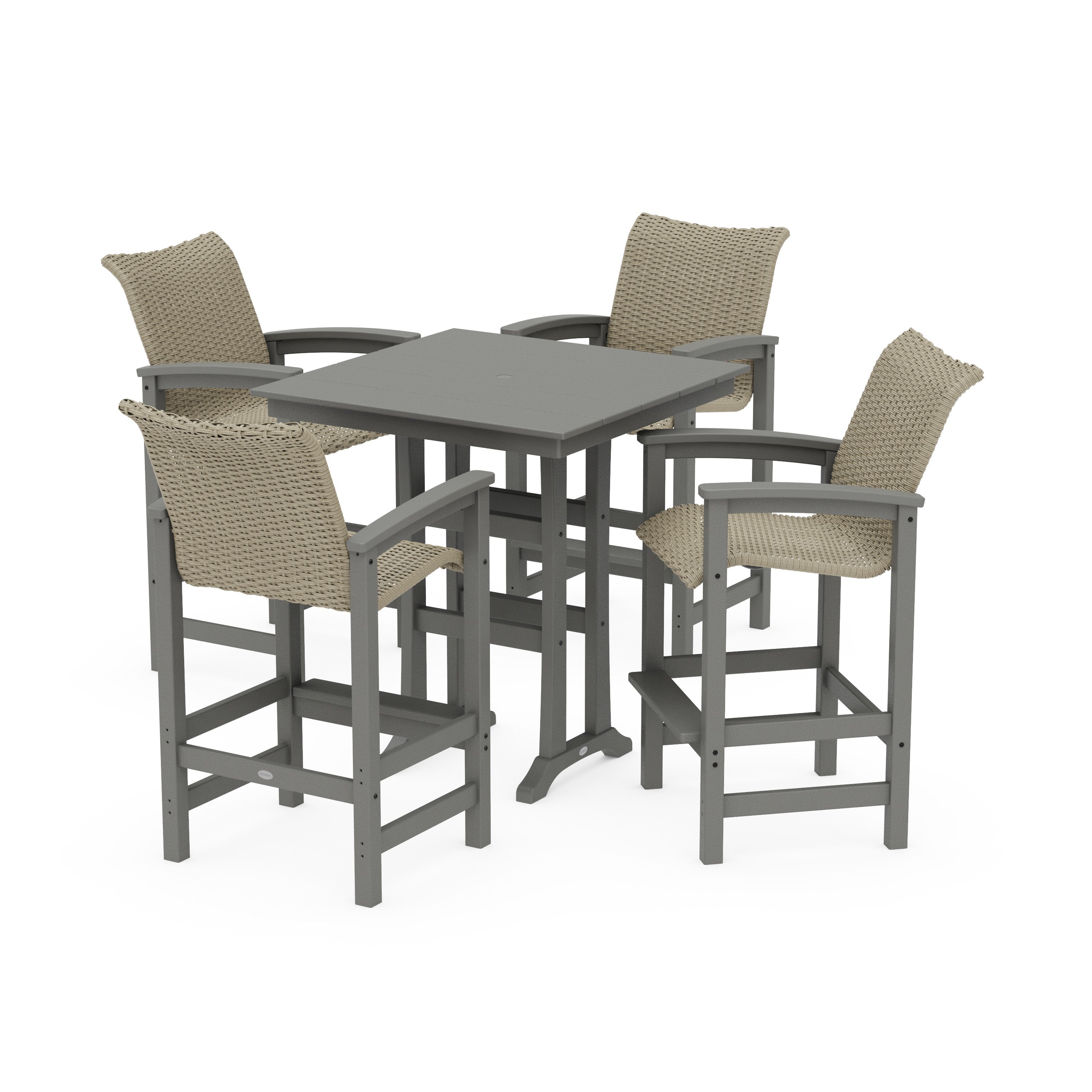POLYWOOD® Coastal Woven 5-Piece Farmhouse Bar Set with Trestle Legs