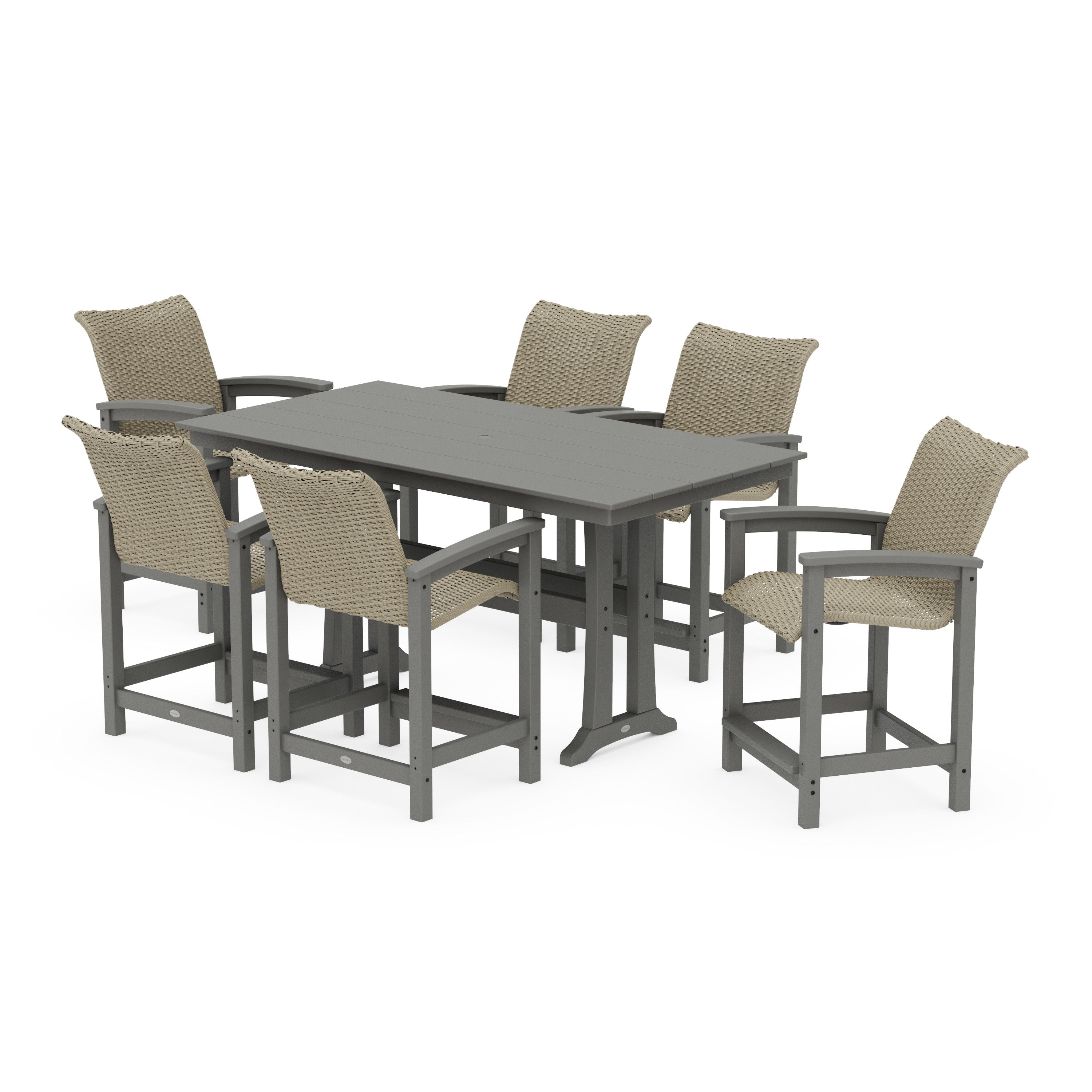 POLYWOOD® Coastal Woven Arm Chair 7-Piece Farmhouse Counter Set with Trestle Legs