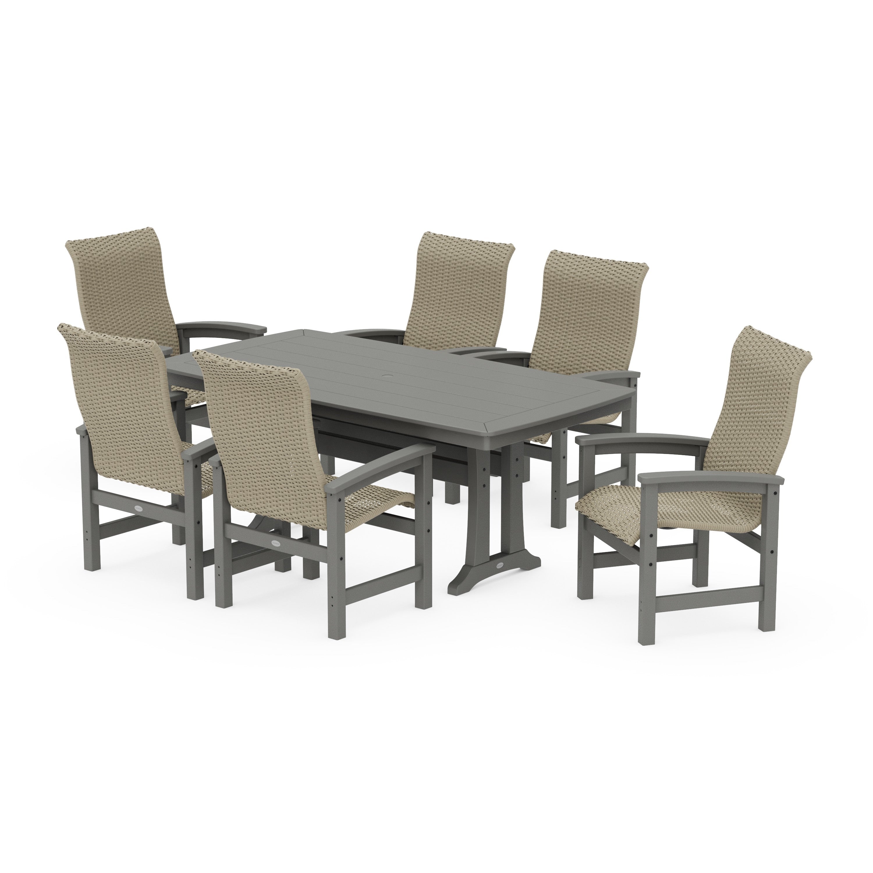 POLYWOOD® Coastal Woven High-Back Arm Chair 7-Piece Dining Set with Trestle Legs