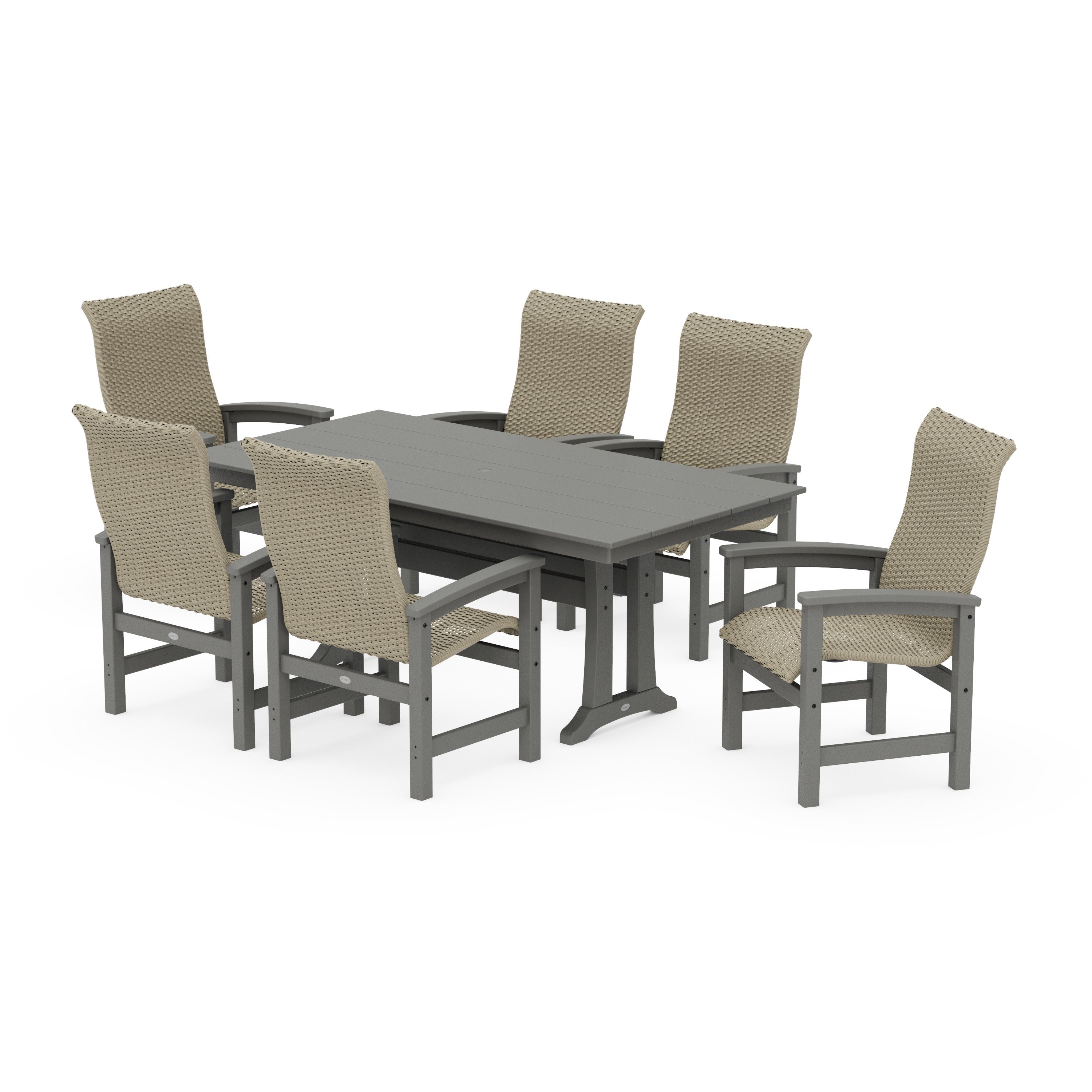 POLYWOOD® Coastal Woven High-Back Arm Chair 7-Piece Farmhouse Dining Set with Trestle Legs
