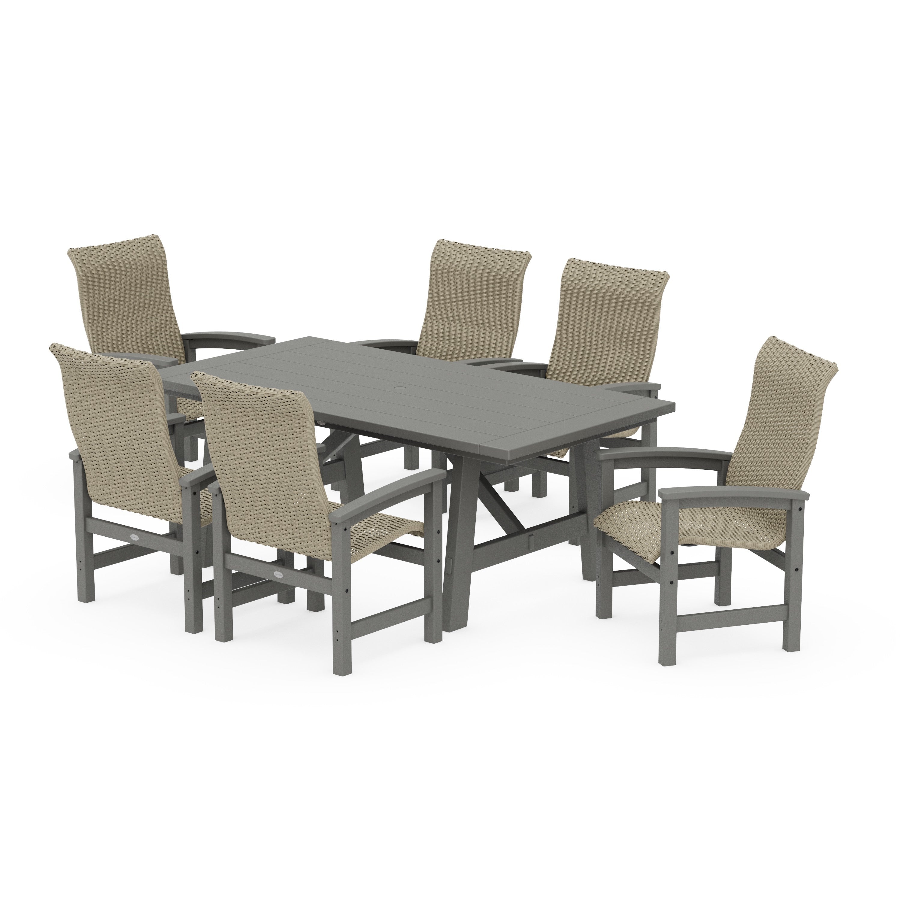 POLYWOOD® Coastal Woven High-Back Arm Chair 7-Piece Rustic Farmhouse Dining Set