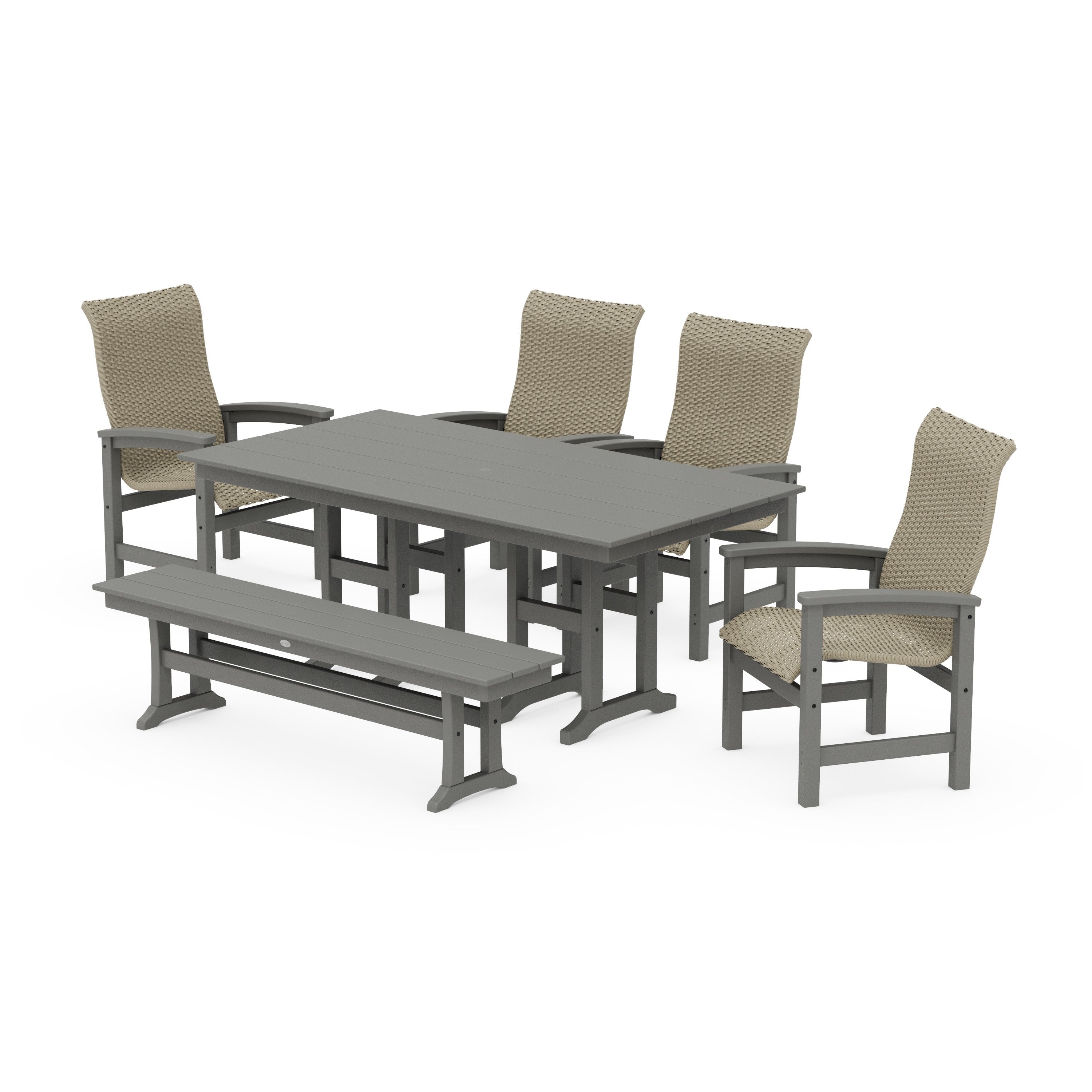 POLYWOOD® Coastal Woven High-Back 6-Piece Farmhouse Dining Set with Bench