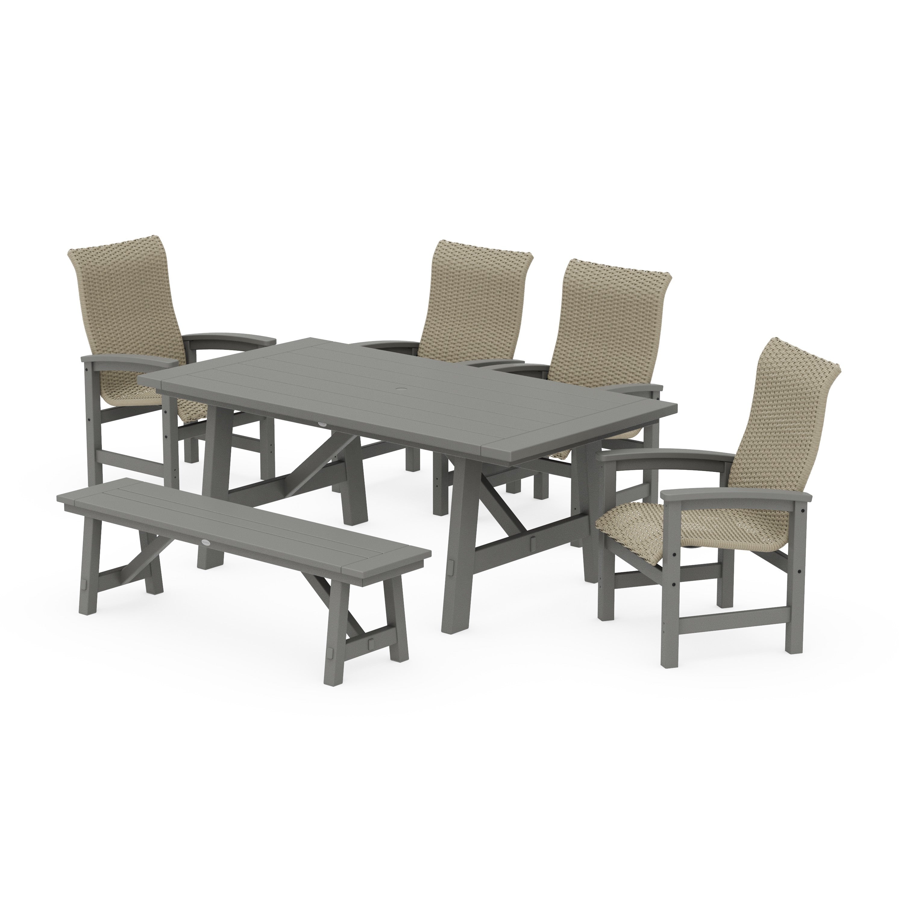 POLYWOOD® Coastal Woven High-Back 6-Piece Rustic Farmhouse Dining Set with Bench