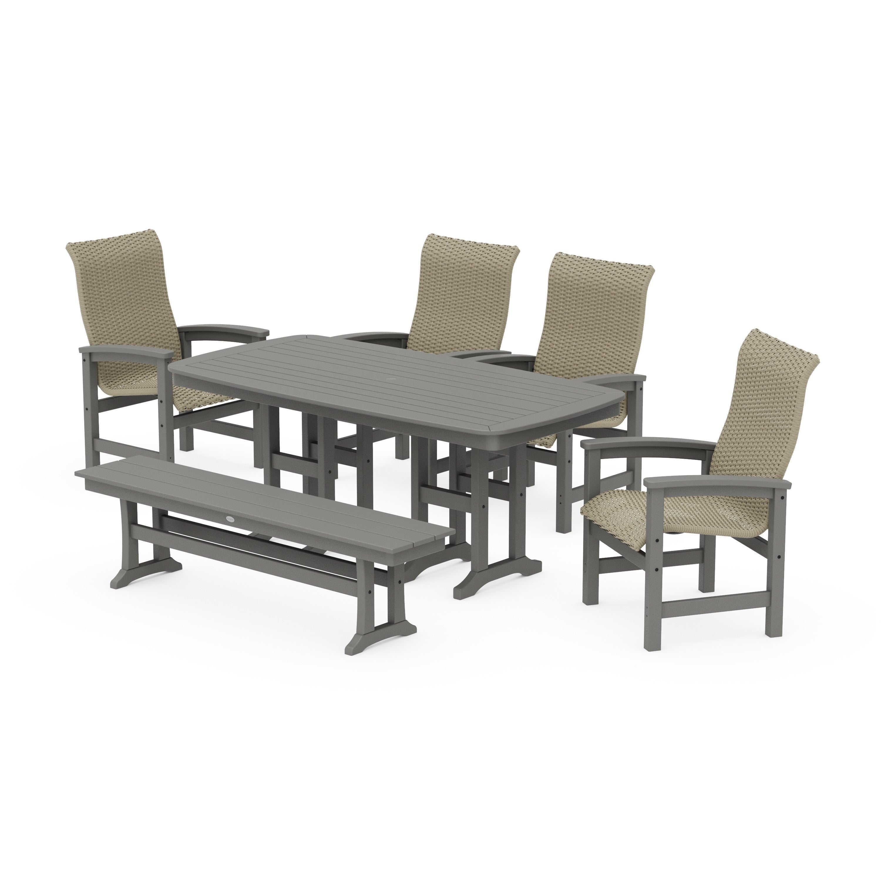 POLYWOOD® Coastal Woven High-Back 6-Piece Farmhouse Dining Set with Bench