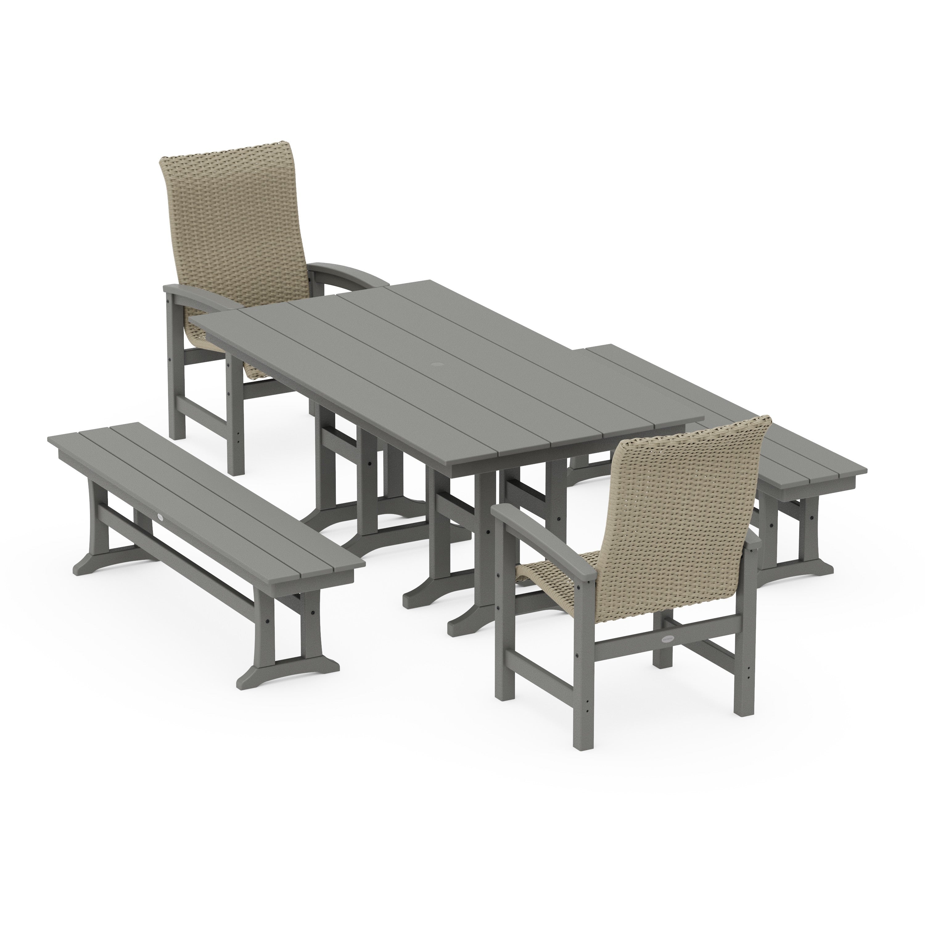 POLYWOOD® Coastal Woven High-Back 5-Piece Farmhouse Dining Set with Benches