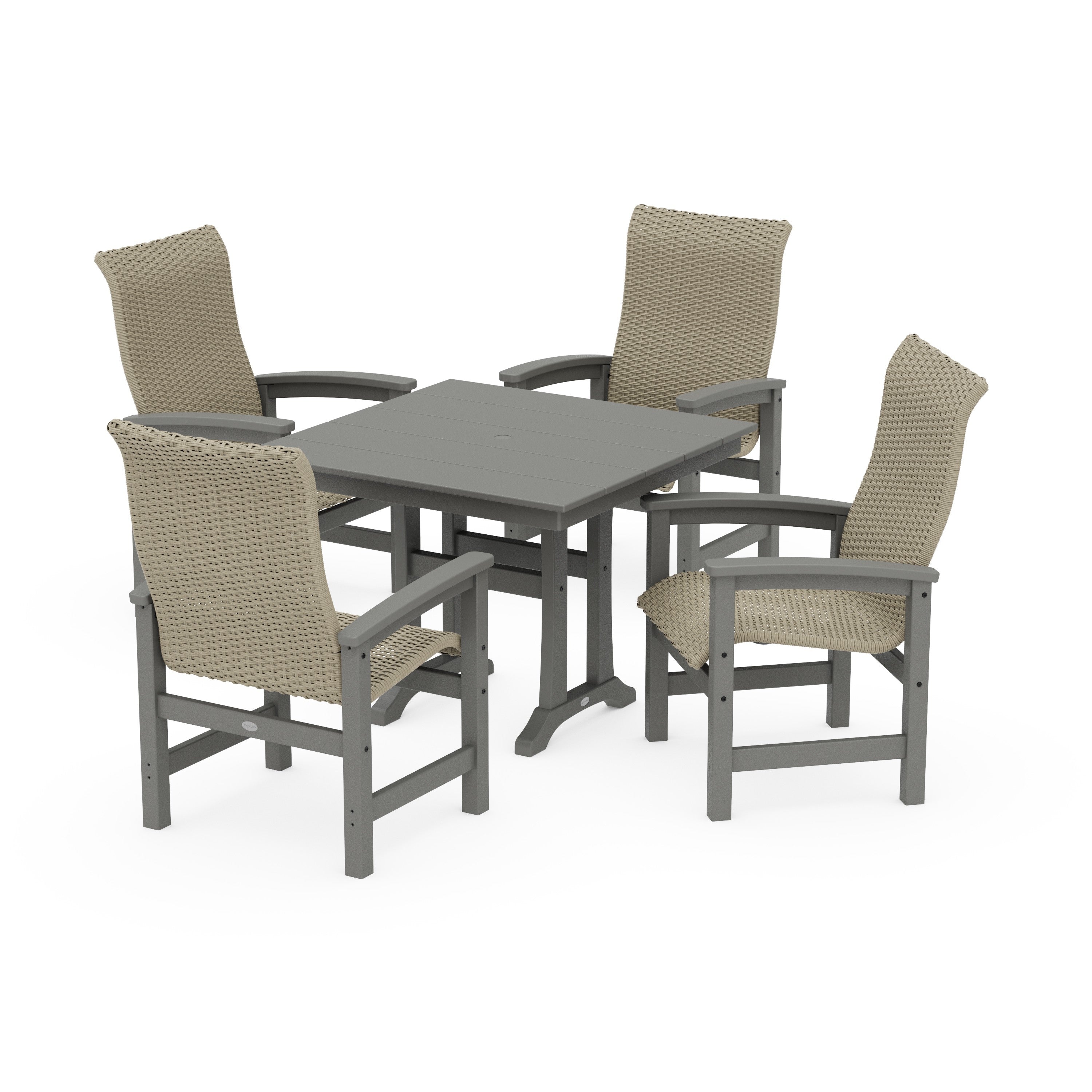 POLYWOOD® Coastal Woven High-Back 5-Piece Farmhouse Dining Set with Trestle Legs