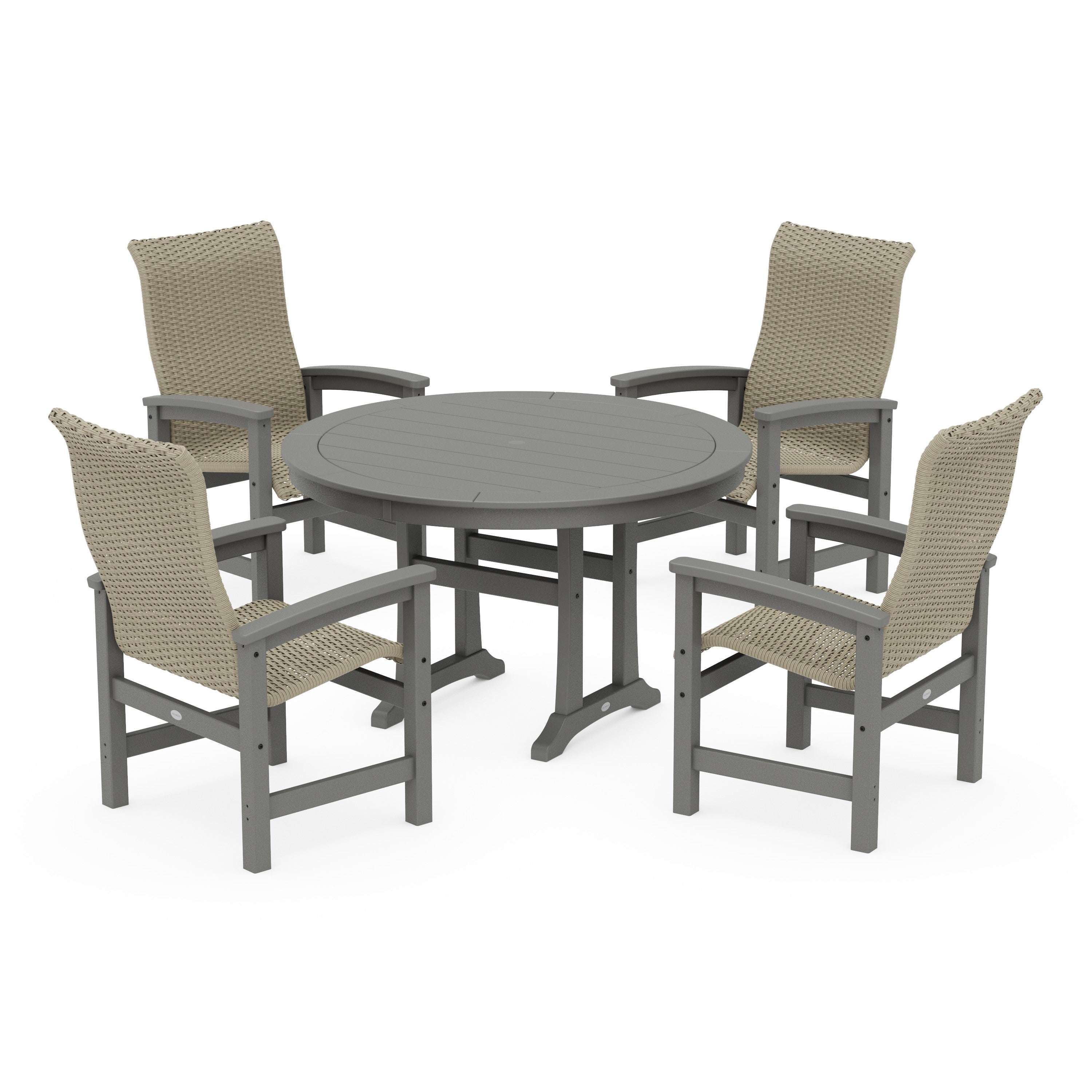 POLYWOOD® Coastal Woven High-Back 5-Piece Round Dining Set with Trestle Legs