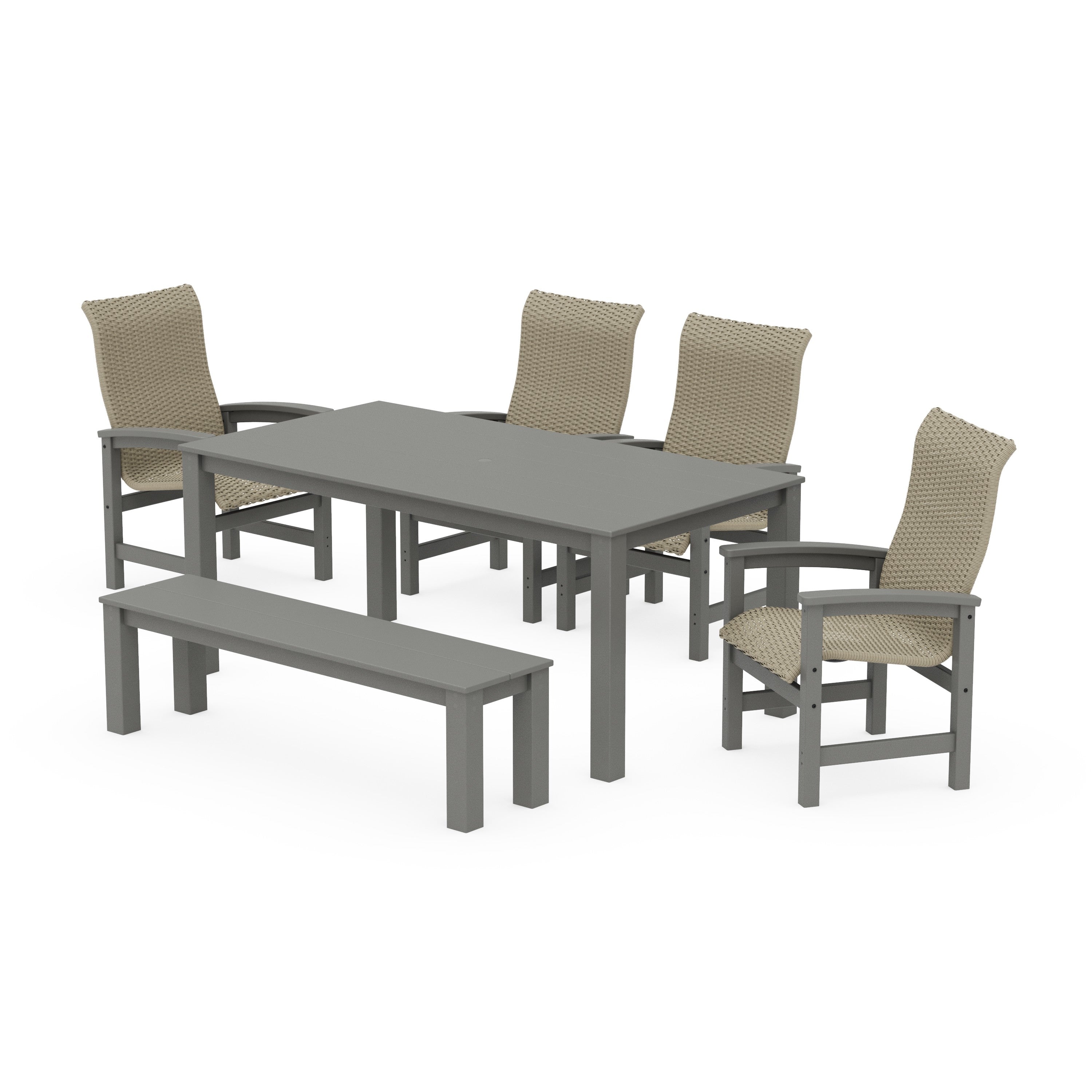 POLYWOOD® Coastal Woven High-Back 6-Piece Parsons Dining Set with Bench