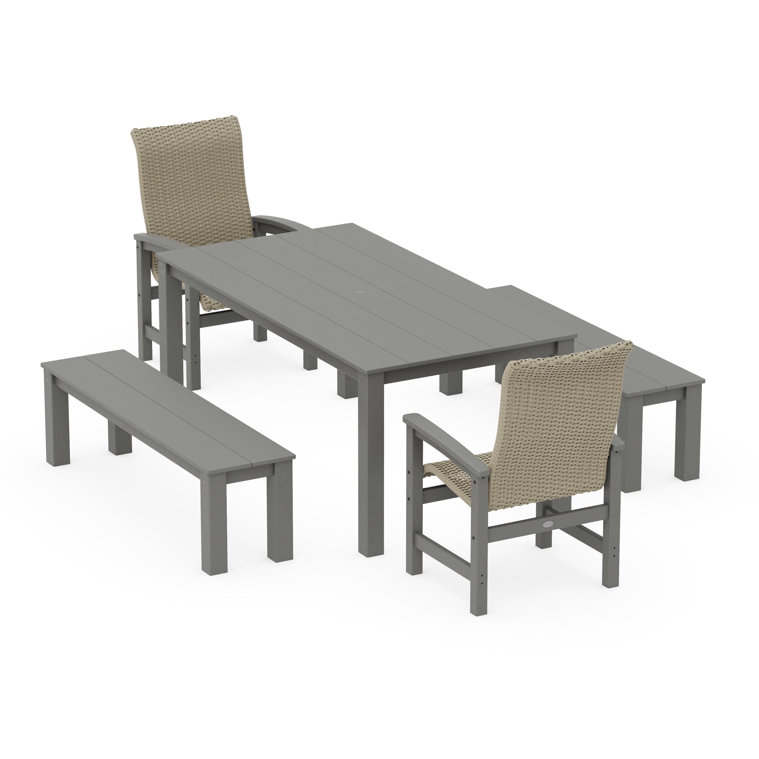 POLYWOOD® Coastal Woven High-Back 5-Piece Parsons Dining Set with Benches