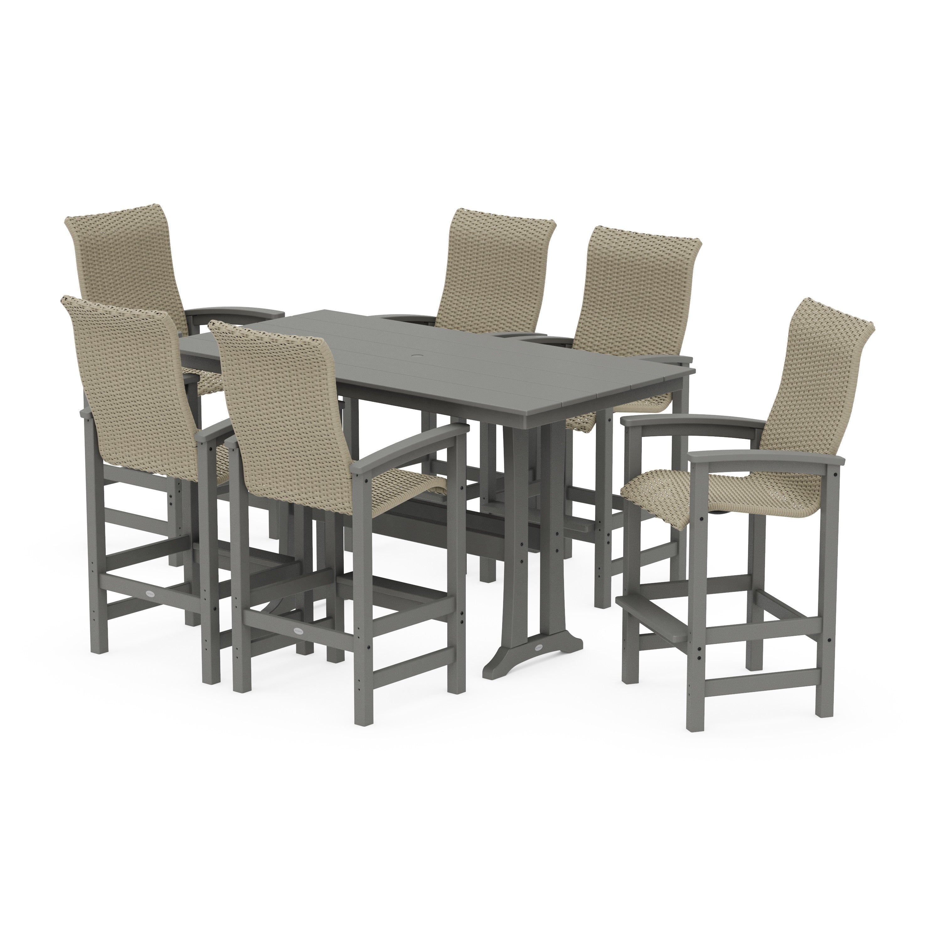 POLYWOOD® Coastal Woven High-Back Arm Chair 7-Piece Farmhouse Bar Set with Trestle Legs