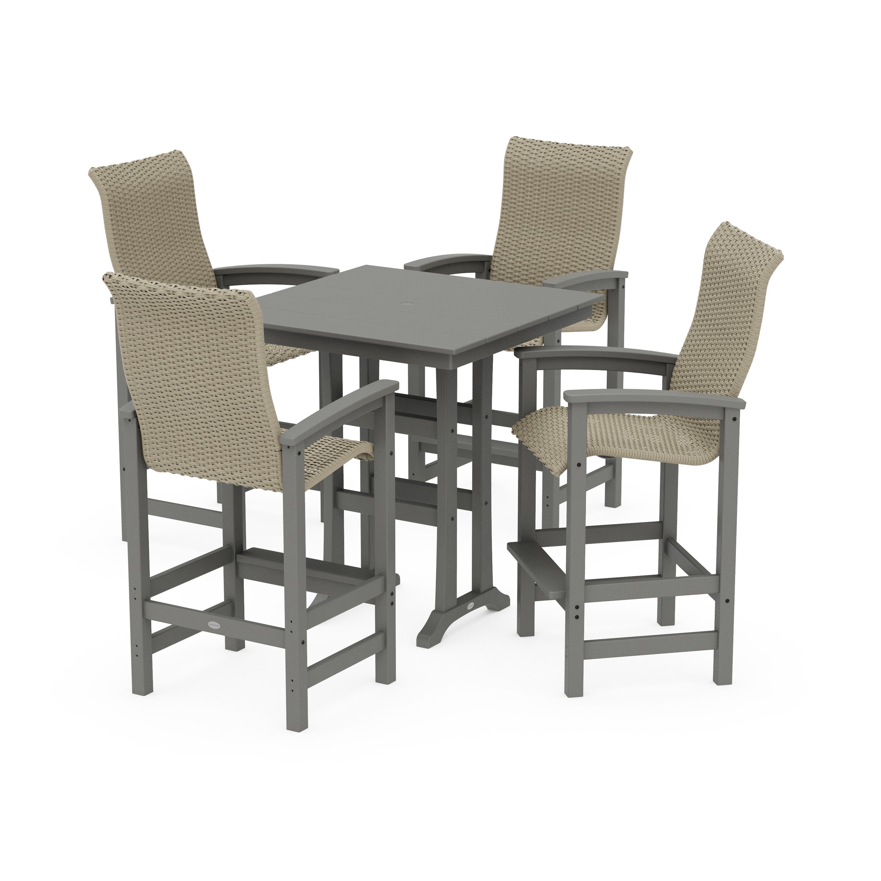 POLYWOOD® Coastal Woven High-Back 5-Piece Farmhouse Bar Set with Trestle Legs