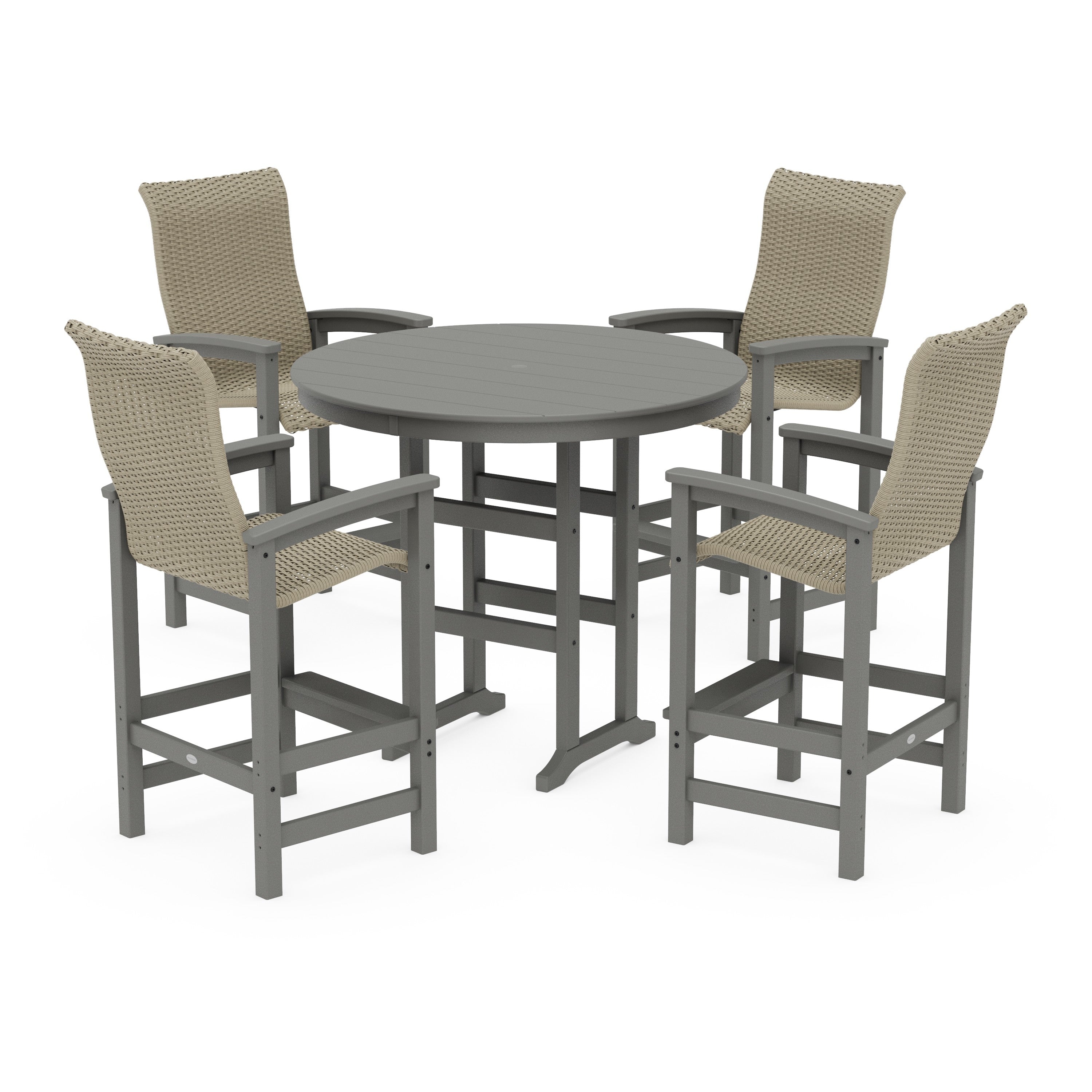 POLYWOOD® Coastal Woven High-Back 5-Piece Round Farmhouse Bar Set
