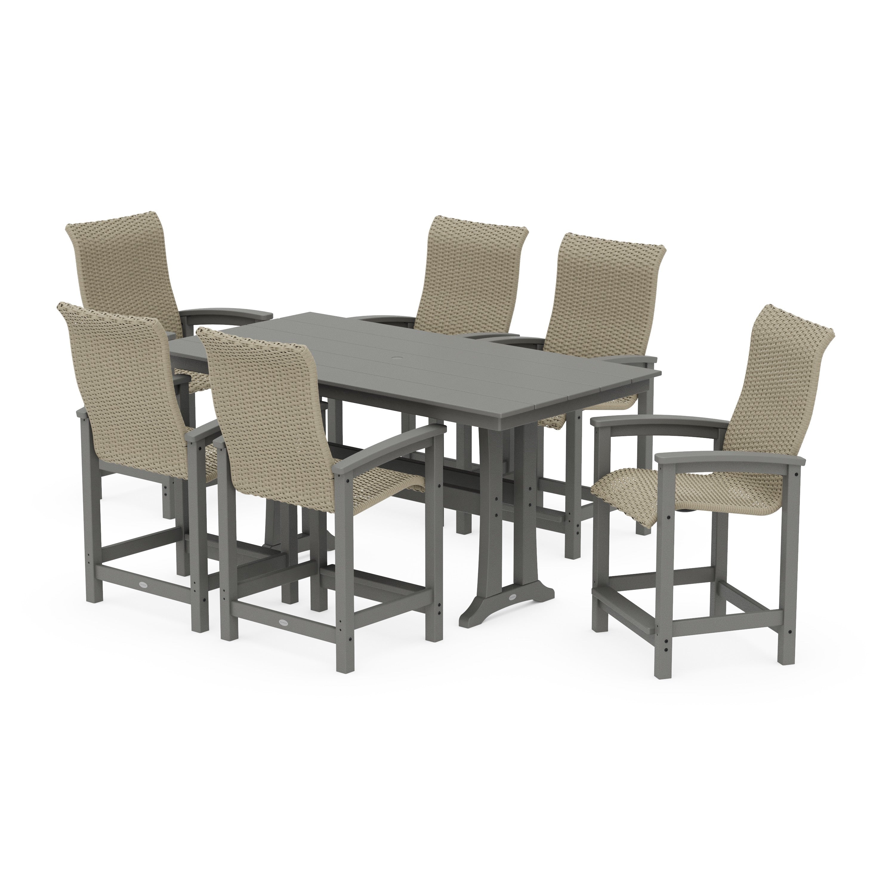 POLYWOOD® Coastal Woven High-Back Arm Chair 7-Piece Farmhouse Counter Set with Trestle Legs
