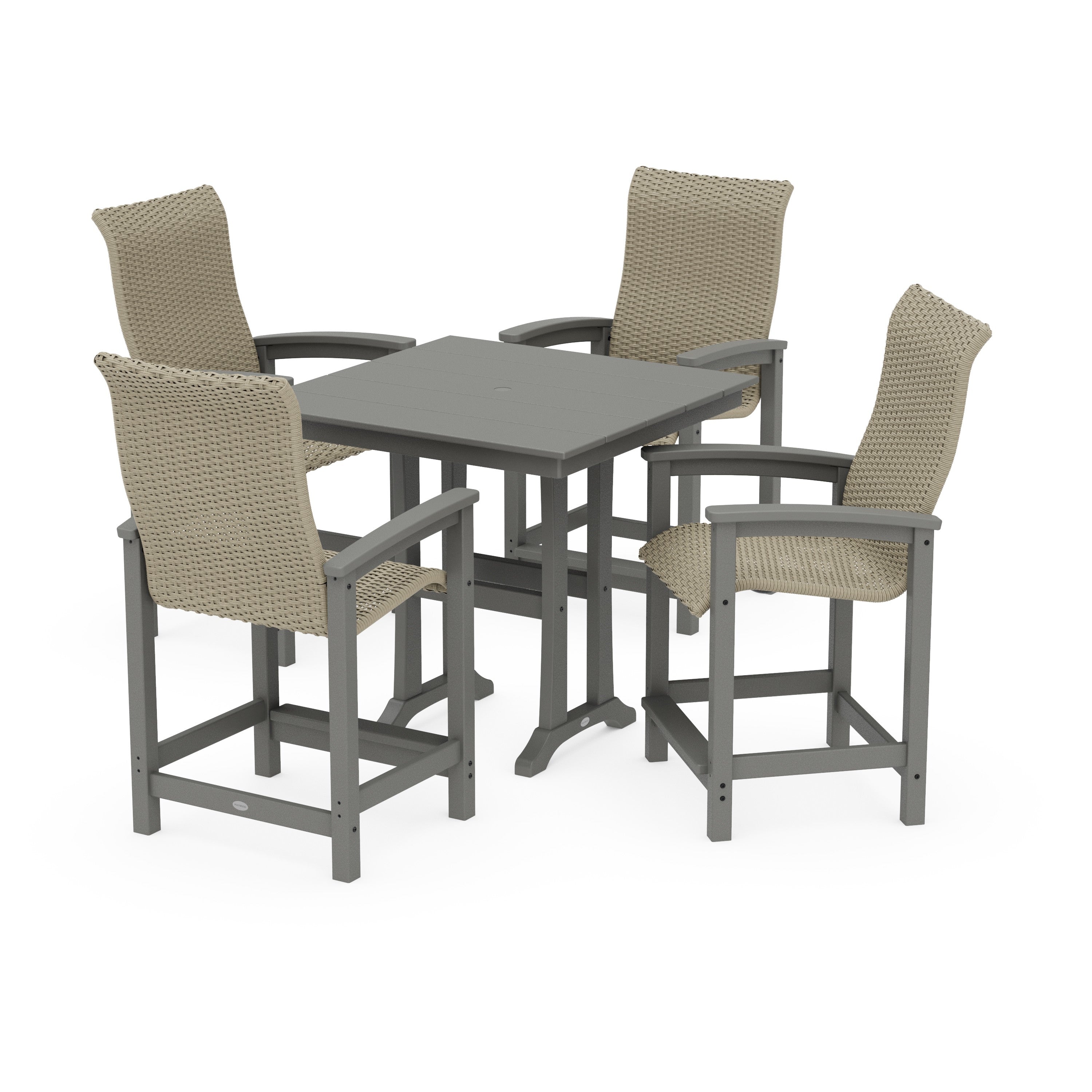 POLYWOOD® Coastal Woven High-Back 5-Piece Farmhouse Counter Set with Trestle Legs