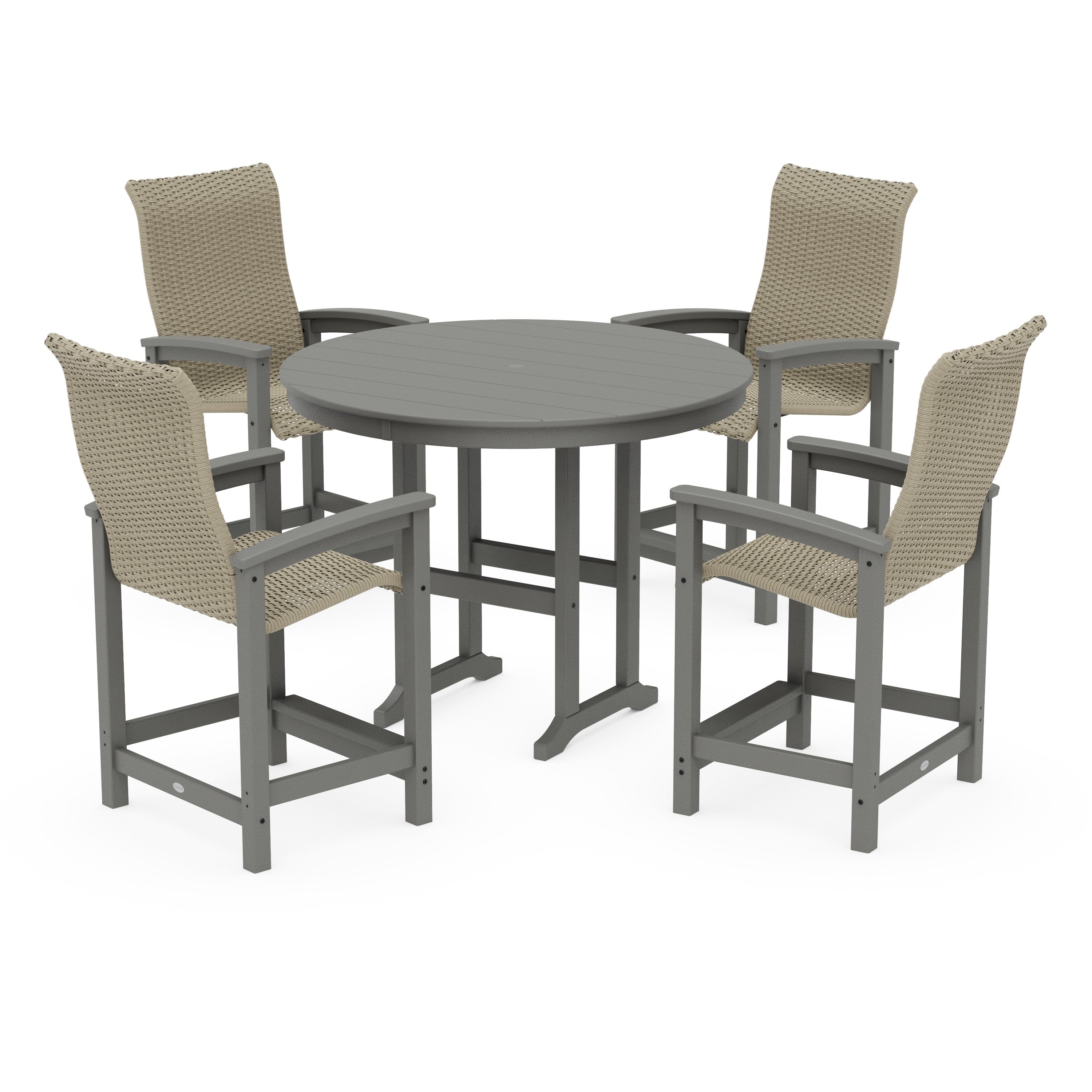 POLYWOOD® Coastal Woven High-Back 5-Piece Round Farmhouse Counter Set