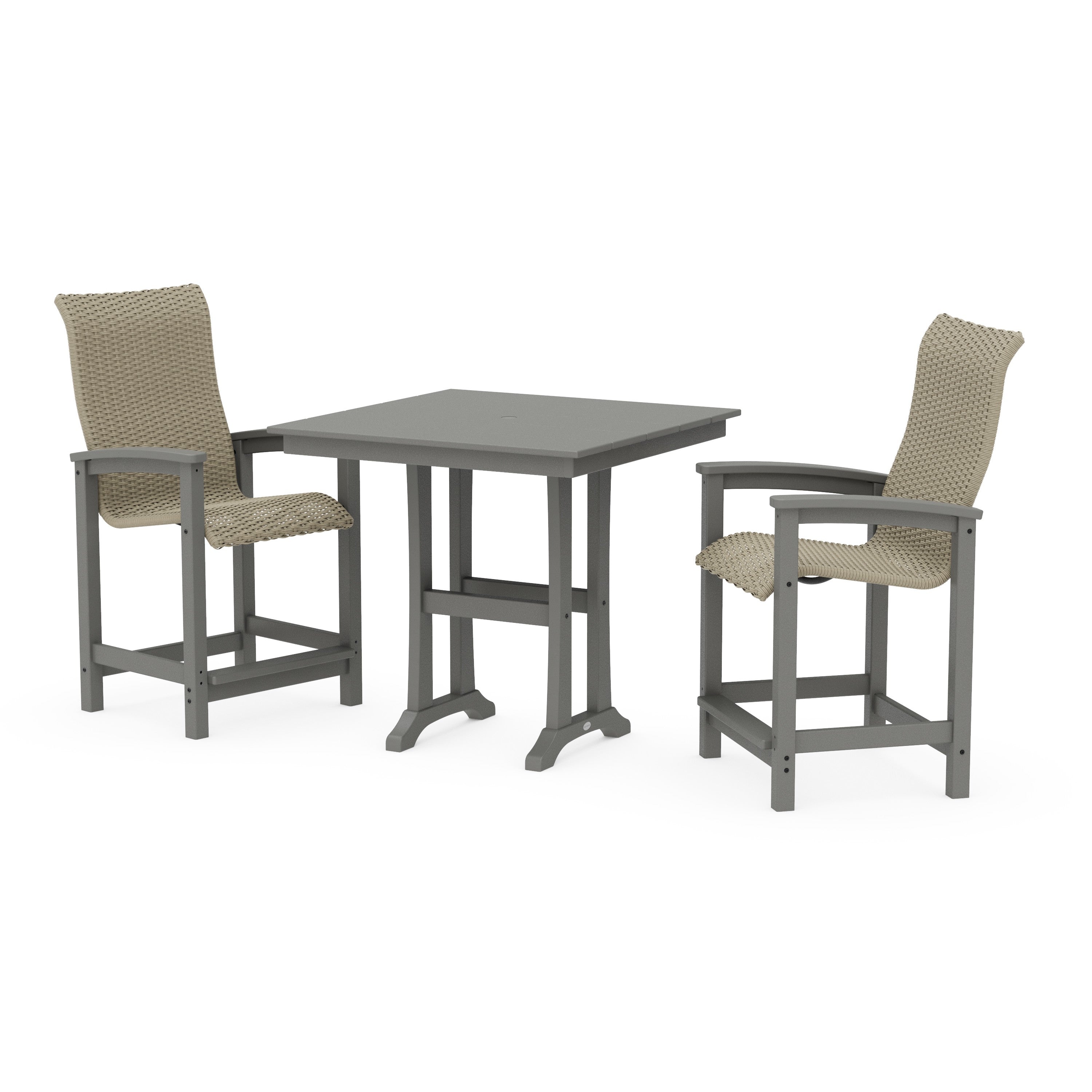 POLYWOOD® Coastal Woven High-Back 3-Piece Farmhouse Counter Set with Trestle Legs